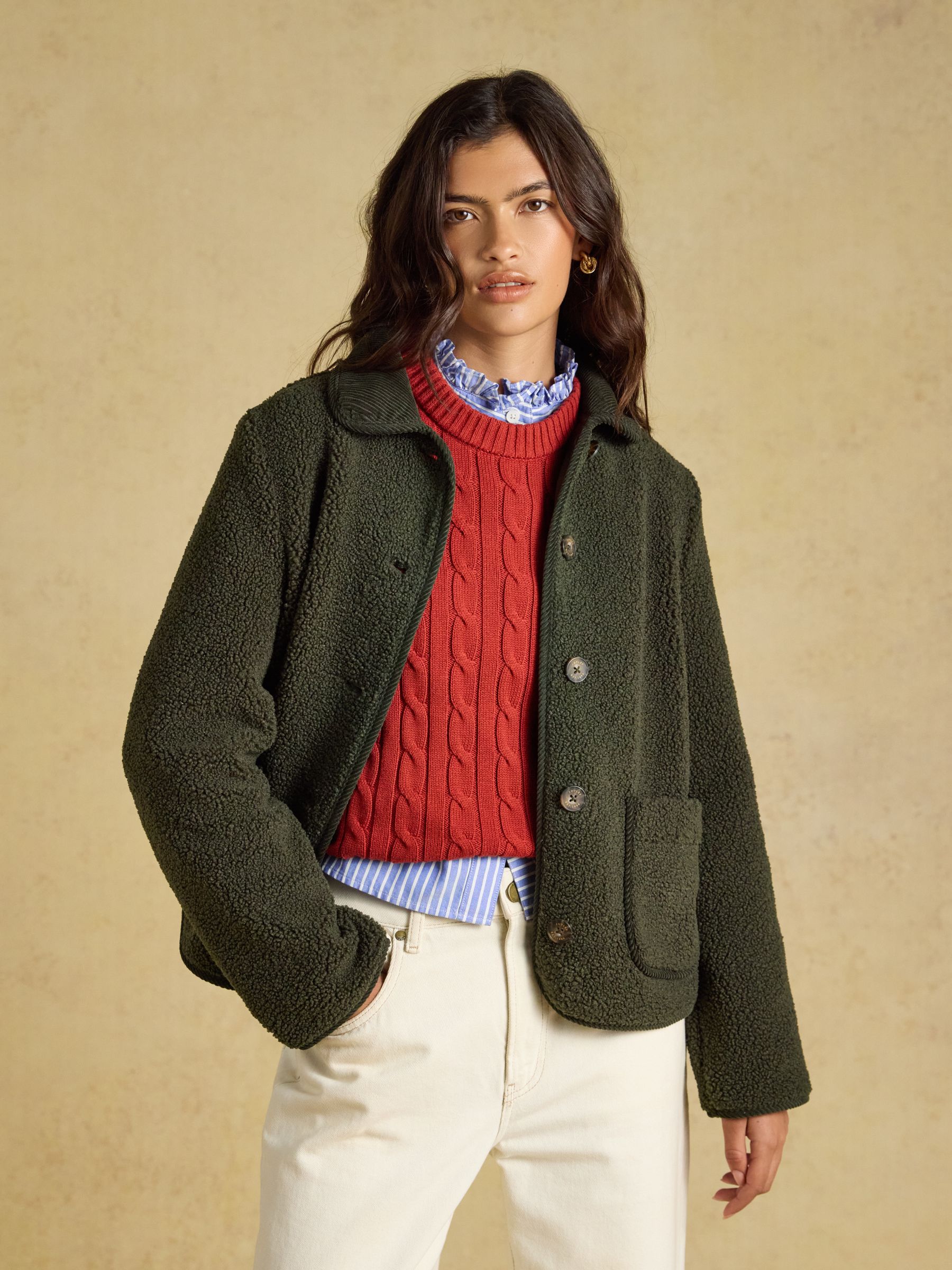 Sadie Khaki Green Button Through Fleece Jacket - Image 5 of 8