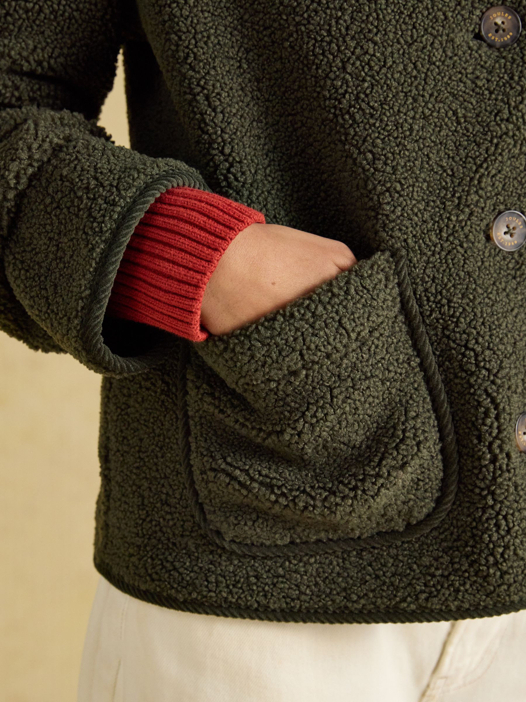Sadie Khaki Green Button Through Fleece Jacket - Image 6 of 8