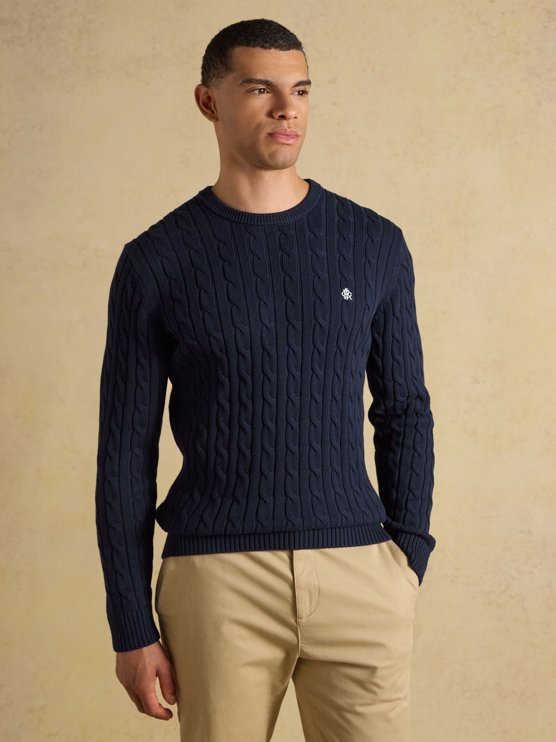 Navy Crew Neck Cotton Cable Knit Jumper - Image 1 of 6 Navy Crew Neck Cotton Cable Knit Jumper - Image 1 of 6
