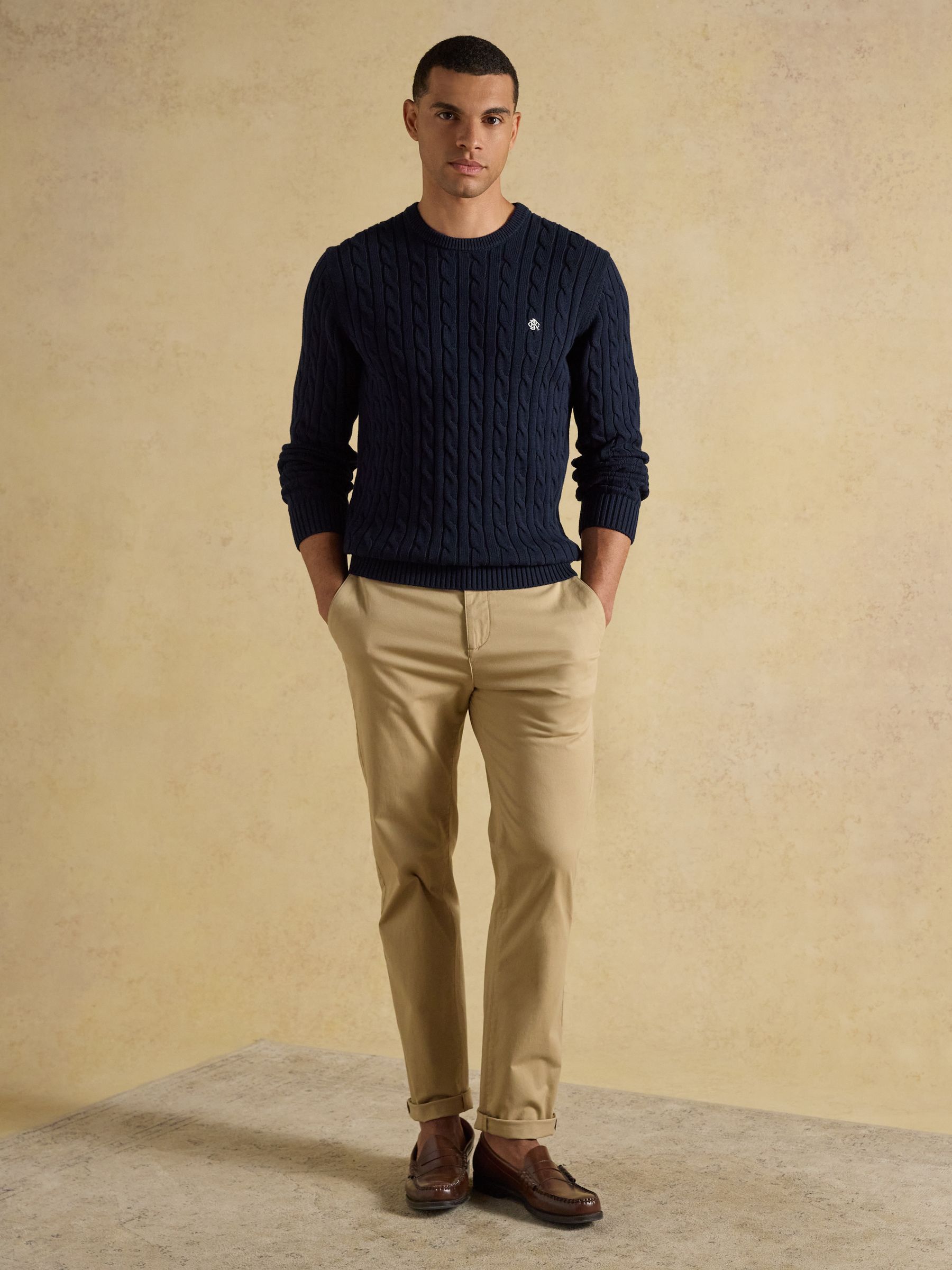 Navy Crew Neck Cotton Cable Knit Jumper - Image 4 of 6