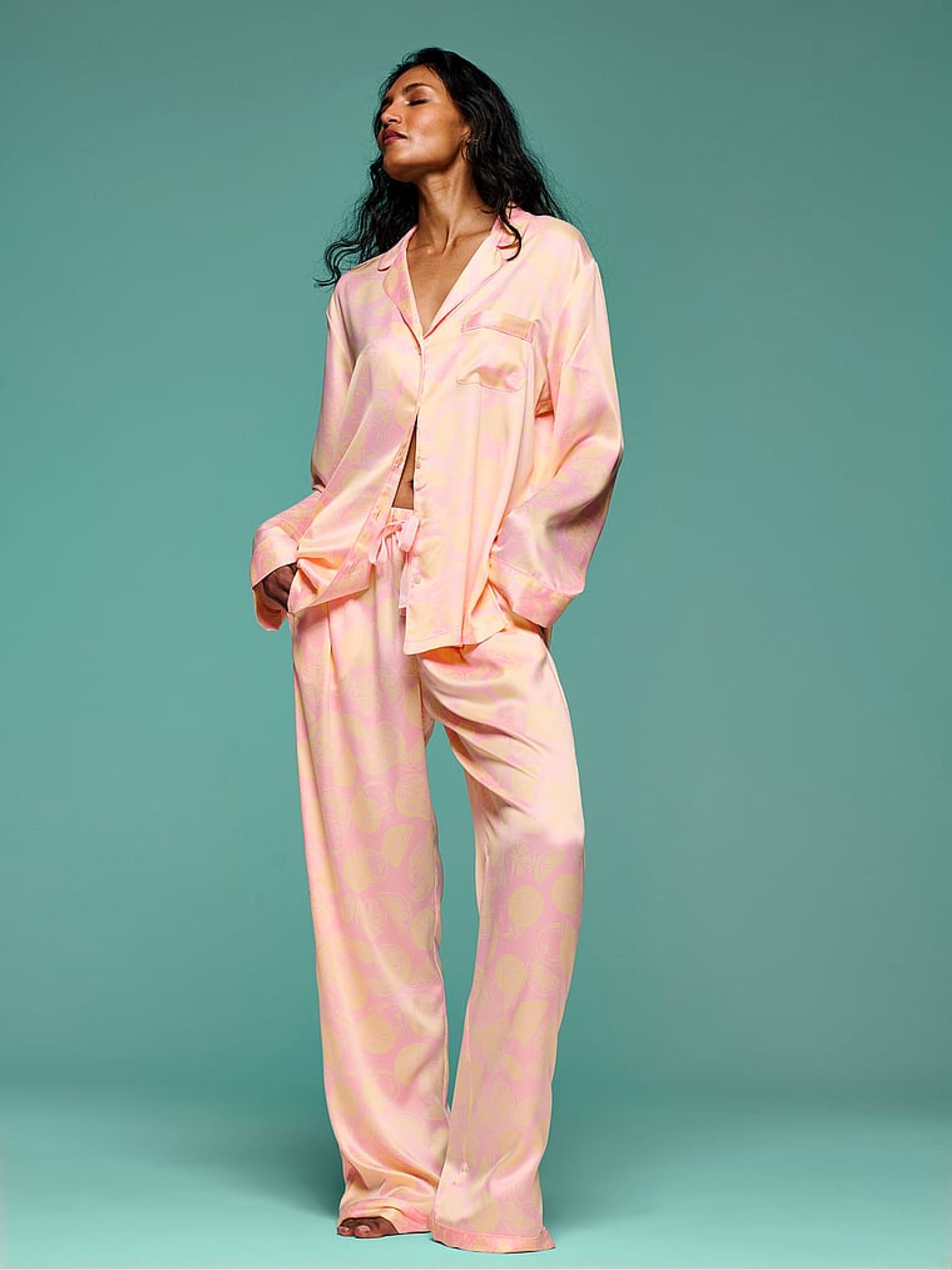 Pretty Blossom Pink Lemons Satin Long Pyjamas Set - Image 1 of 3