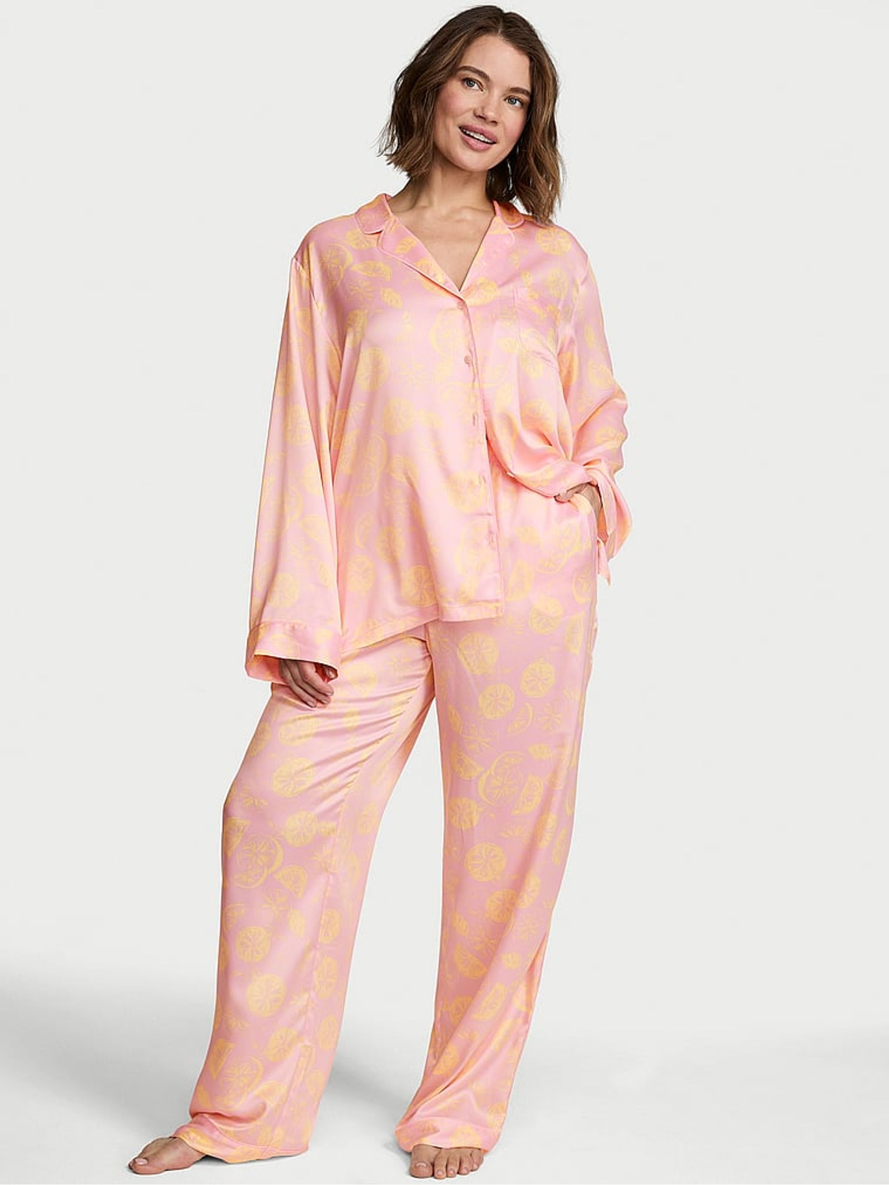 Pretty Blossom Pink Lemons Satin Long Pyjamas Set - Image 2 of 3