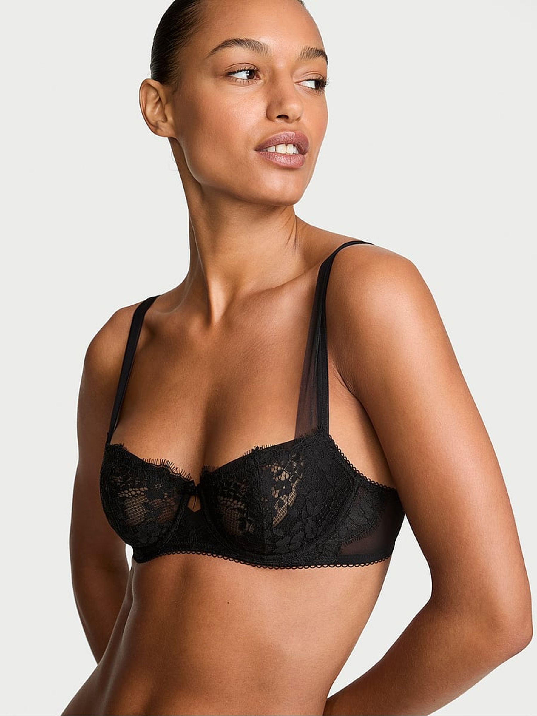 Black Unlined Balcony Lace Mesh Trim Bra - Image 1 of 2