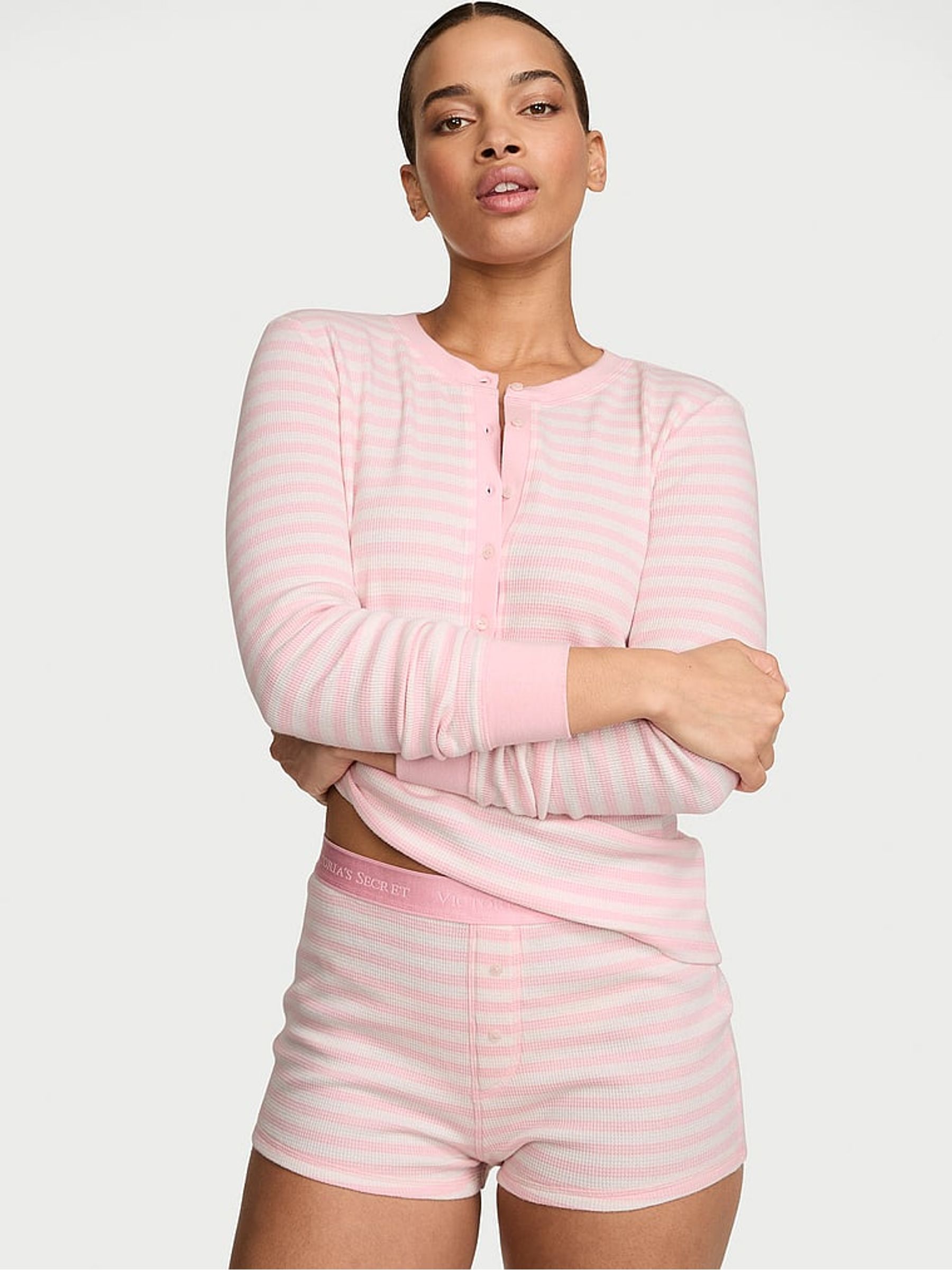 Pretty Blossom Pink Iconic Stripe Thermal Henley Short Pyjama Set - Image 1 of 2