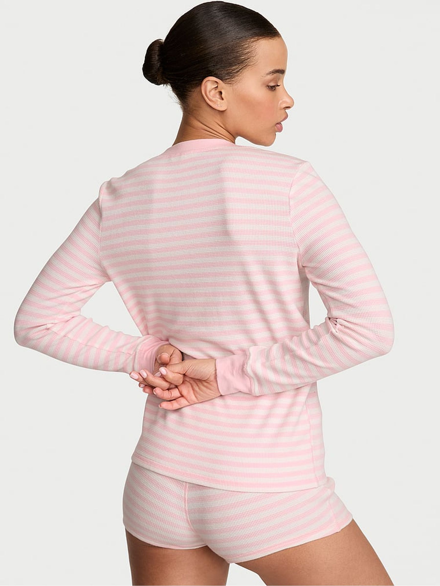 Pretty Blossom Pink Iconic Stripe Thermal Henley Short Pyjama Set - Image 2 of 2