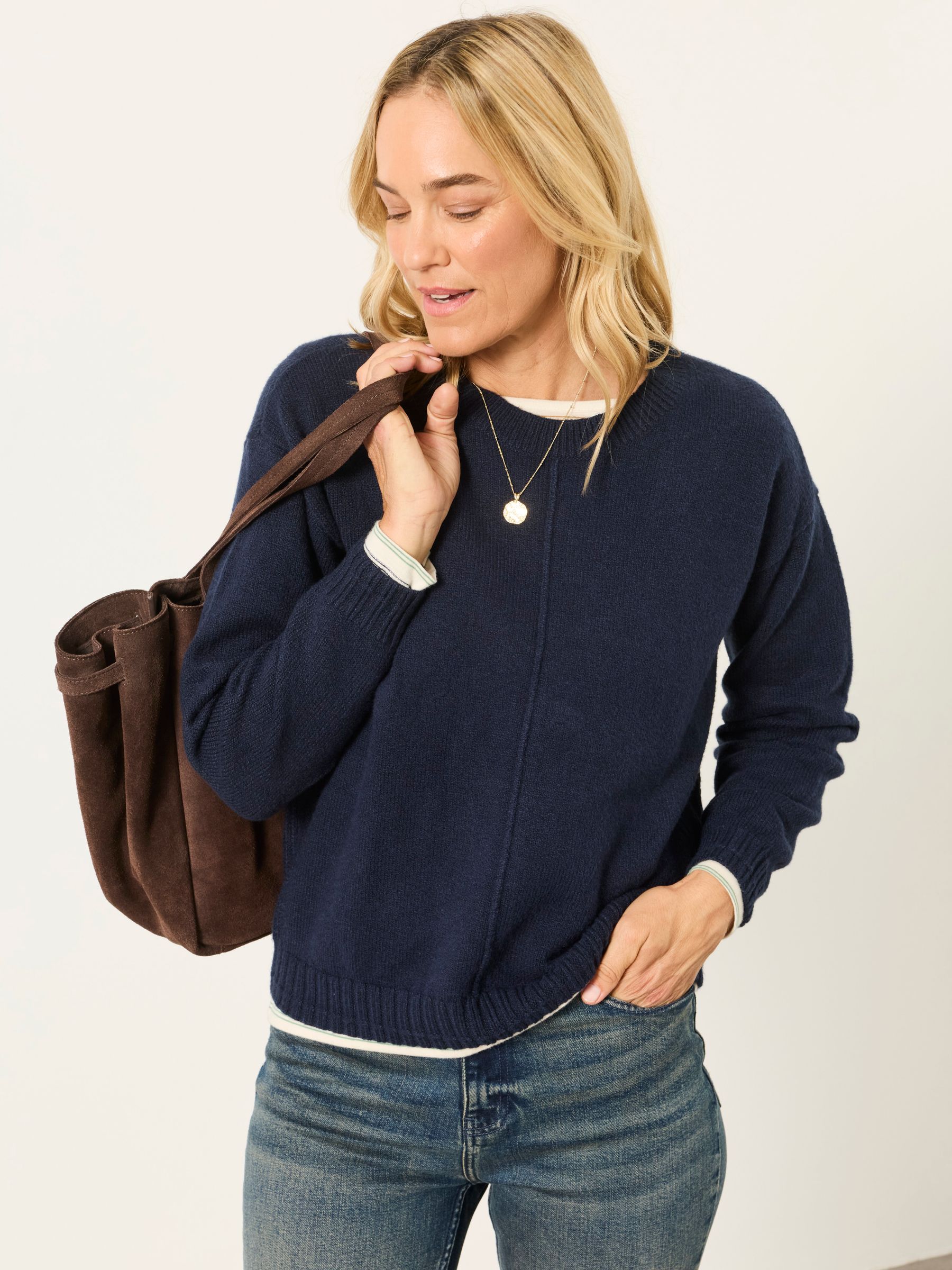 Barley Navy Knitted Crew Neck Jumper - Image 1 of 6