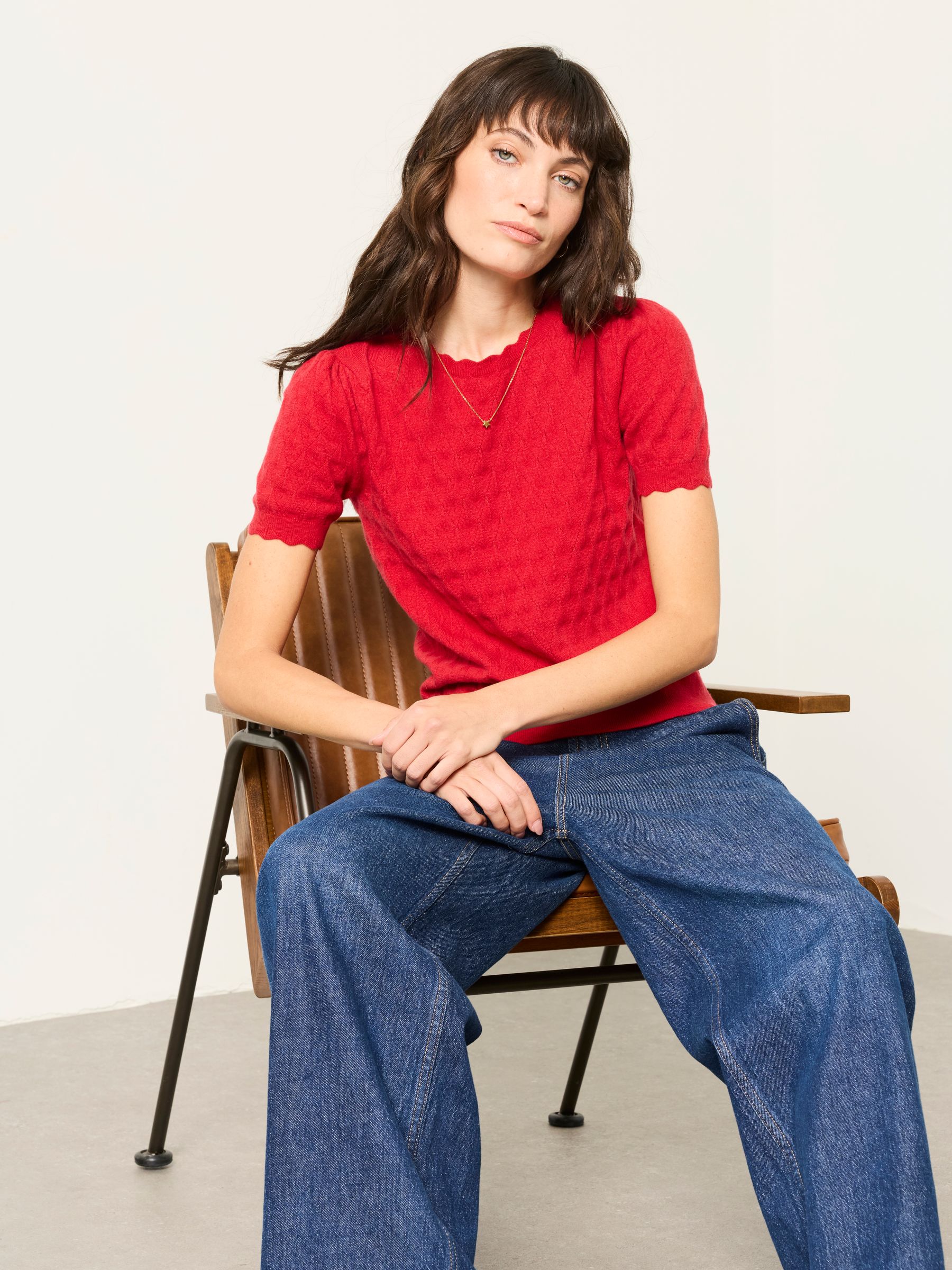 Fleur Red Pointelle Stitch Short Sleeve Top - Image 4 of 6