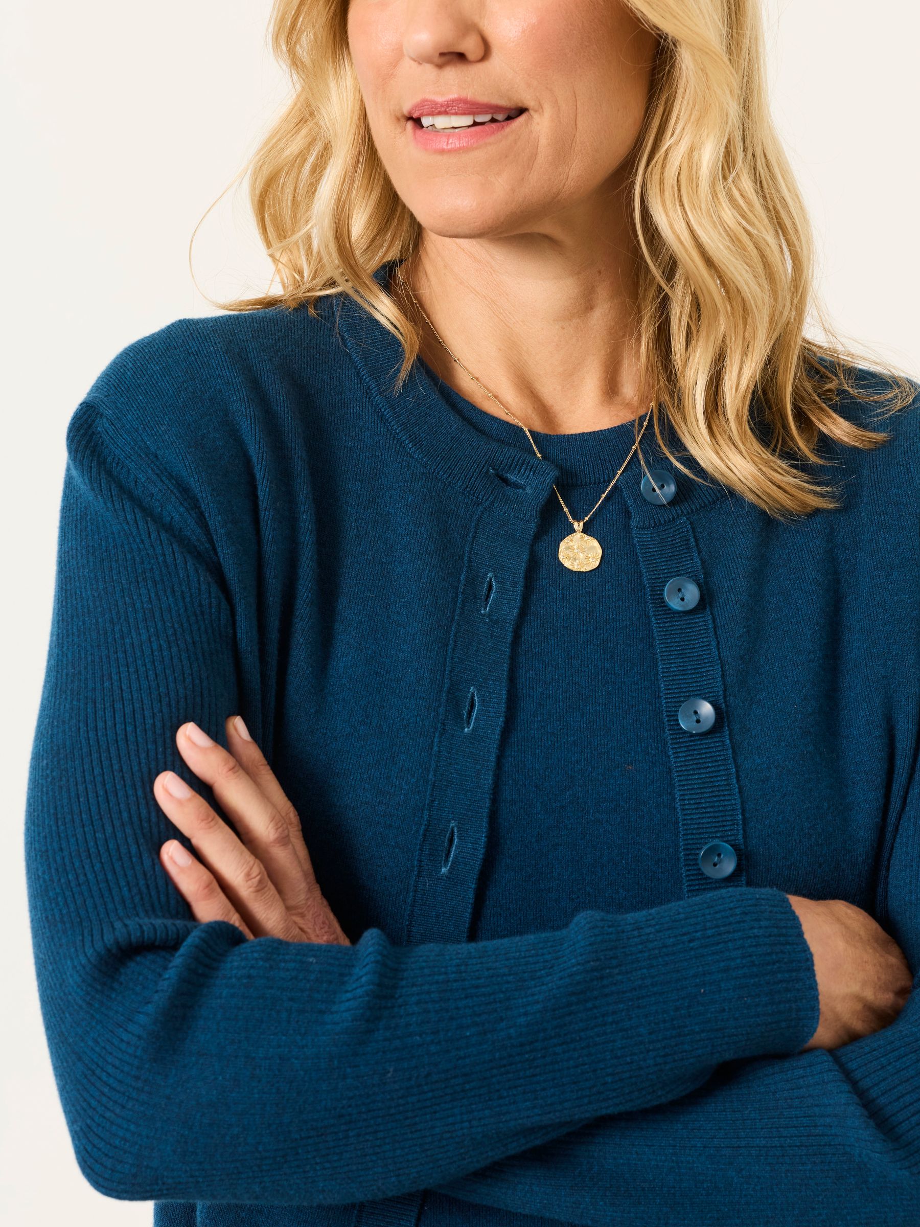 Selene Teal Blue Knitted Button Front Cardigan - Image 3 of 6