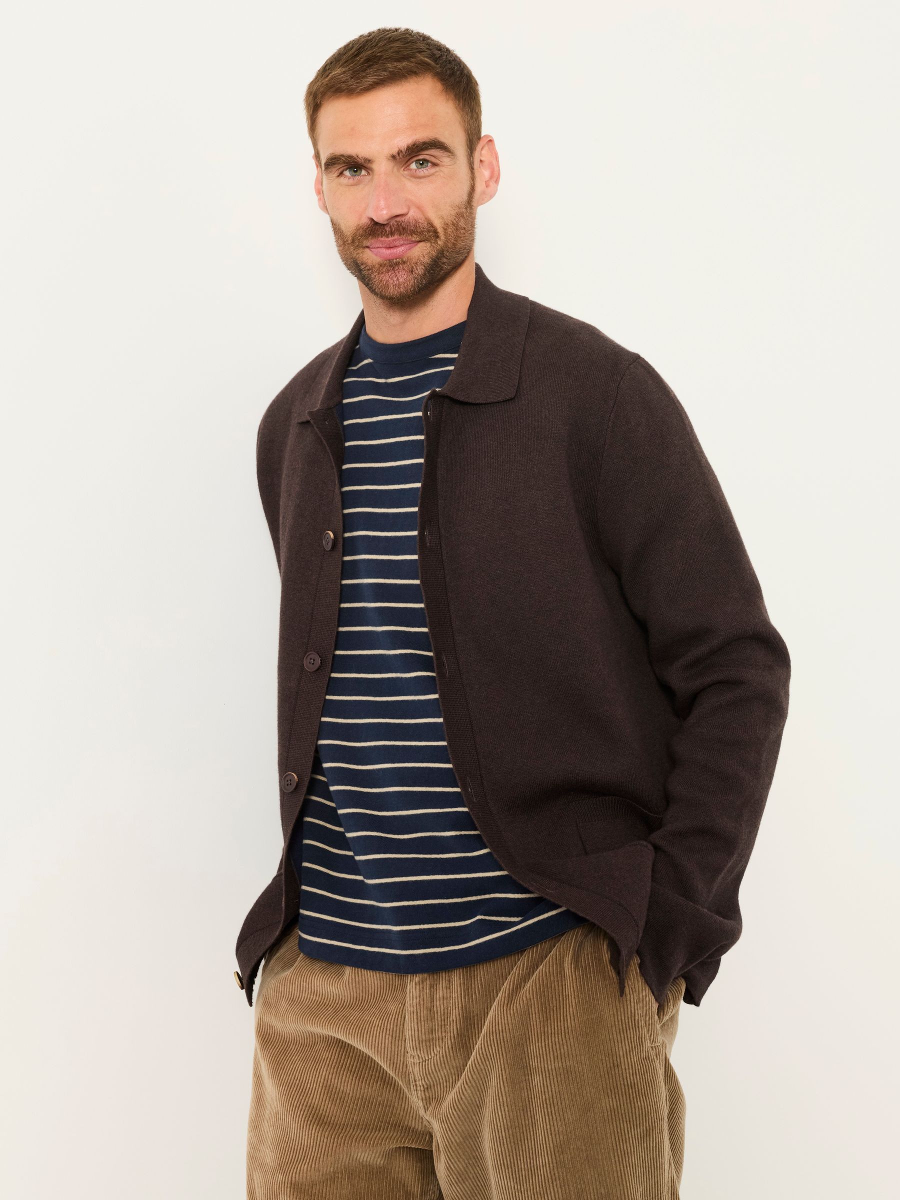 Kieran Chocolate Brown Knitted Collared Button Front Cardigan - Image 1 of 6