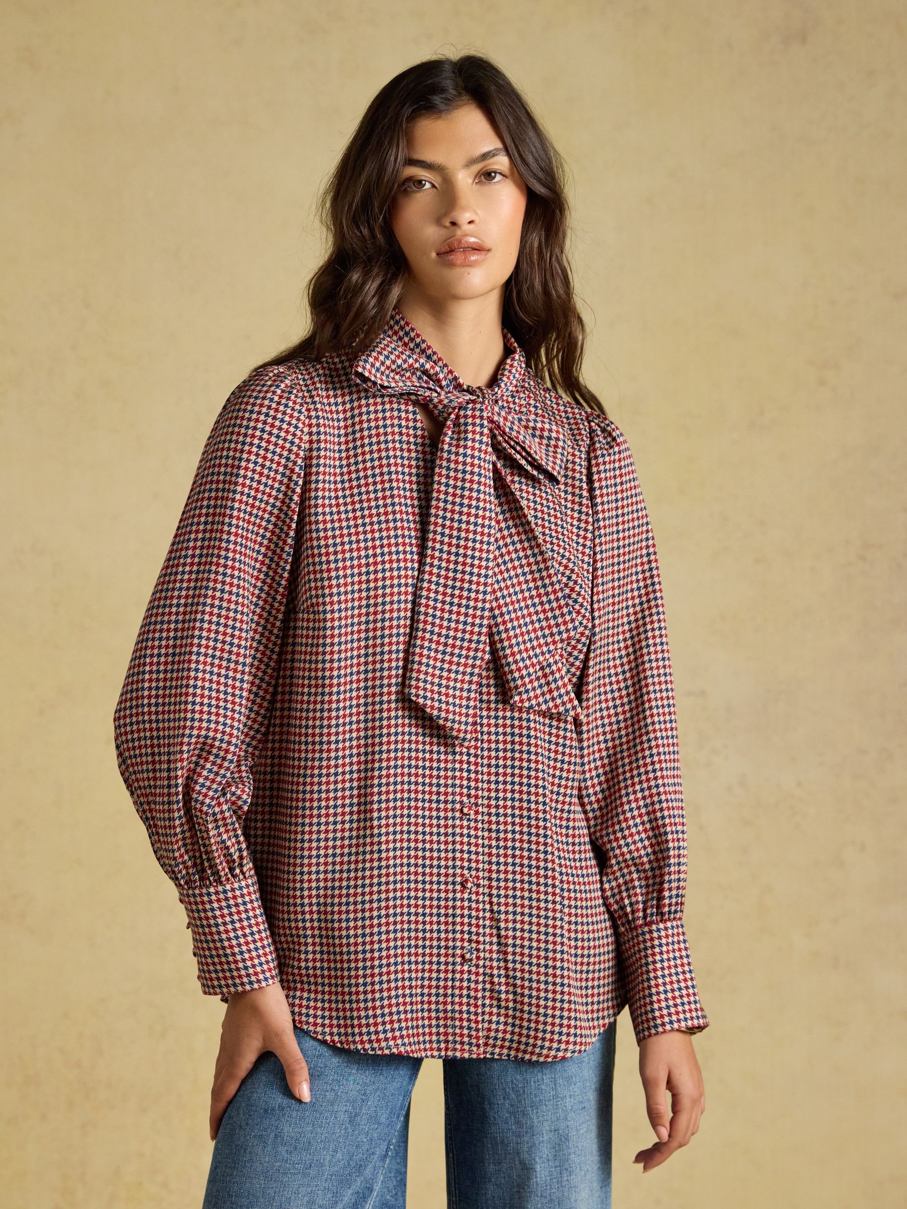 Tabby Brown Check Tie Neck Blouse - Image 1 of 7