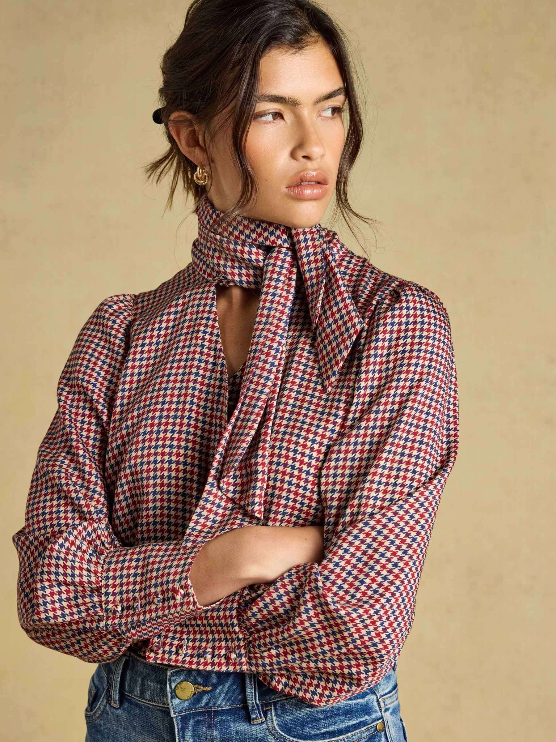 Tabby Brown Check Tie Neck Blouse - Image 3 of 7