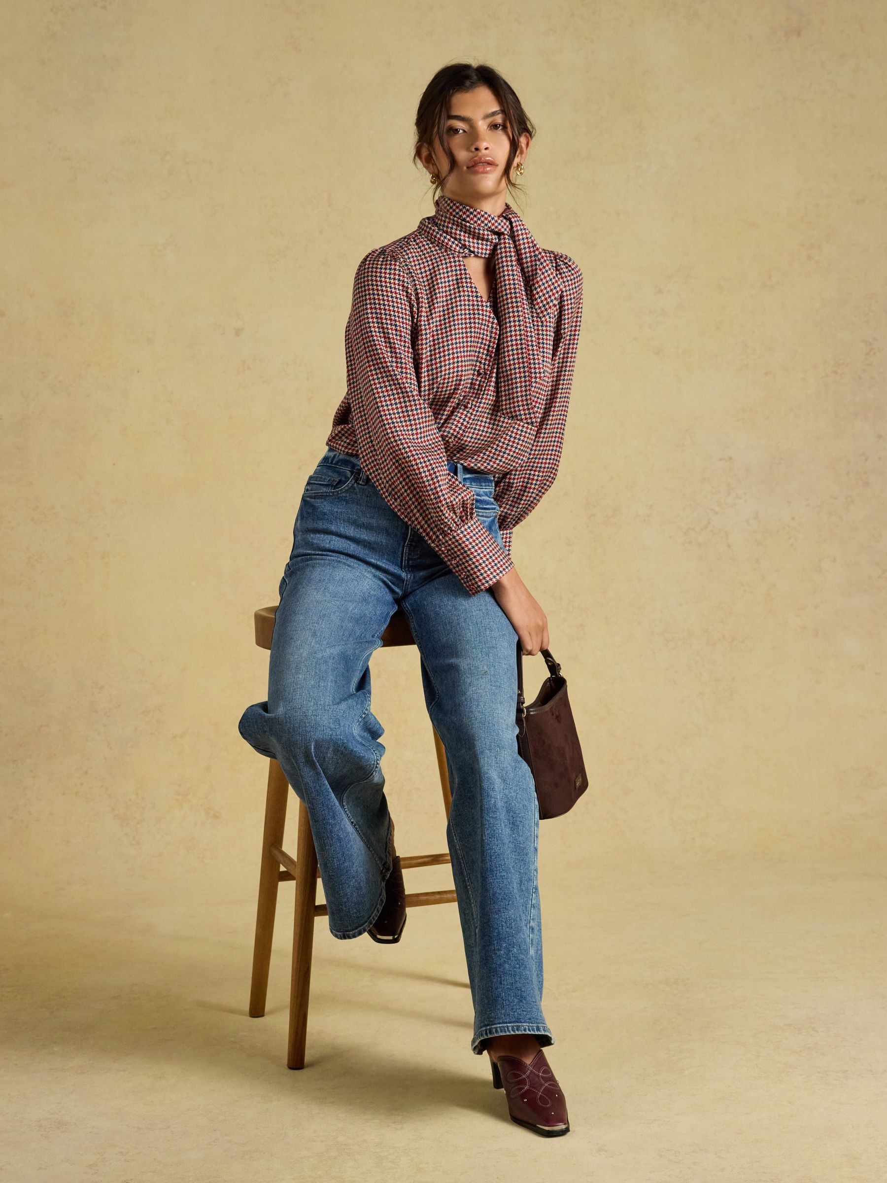 Tabby Brown Check Tie Neck Blouse - Image 4 of 7