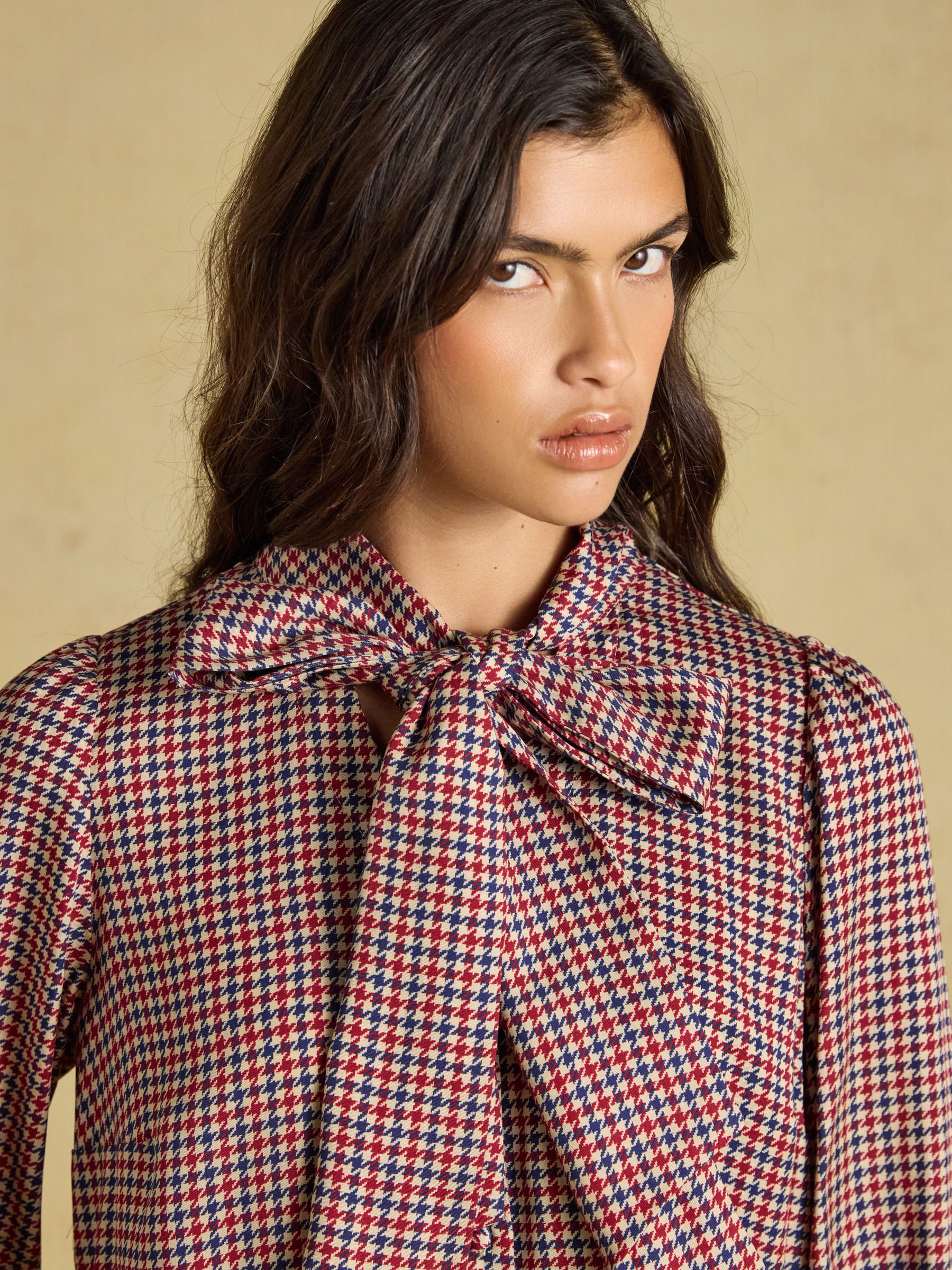 Tabby Brown Check Tie Neck Blouse - Image 5 of 7