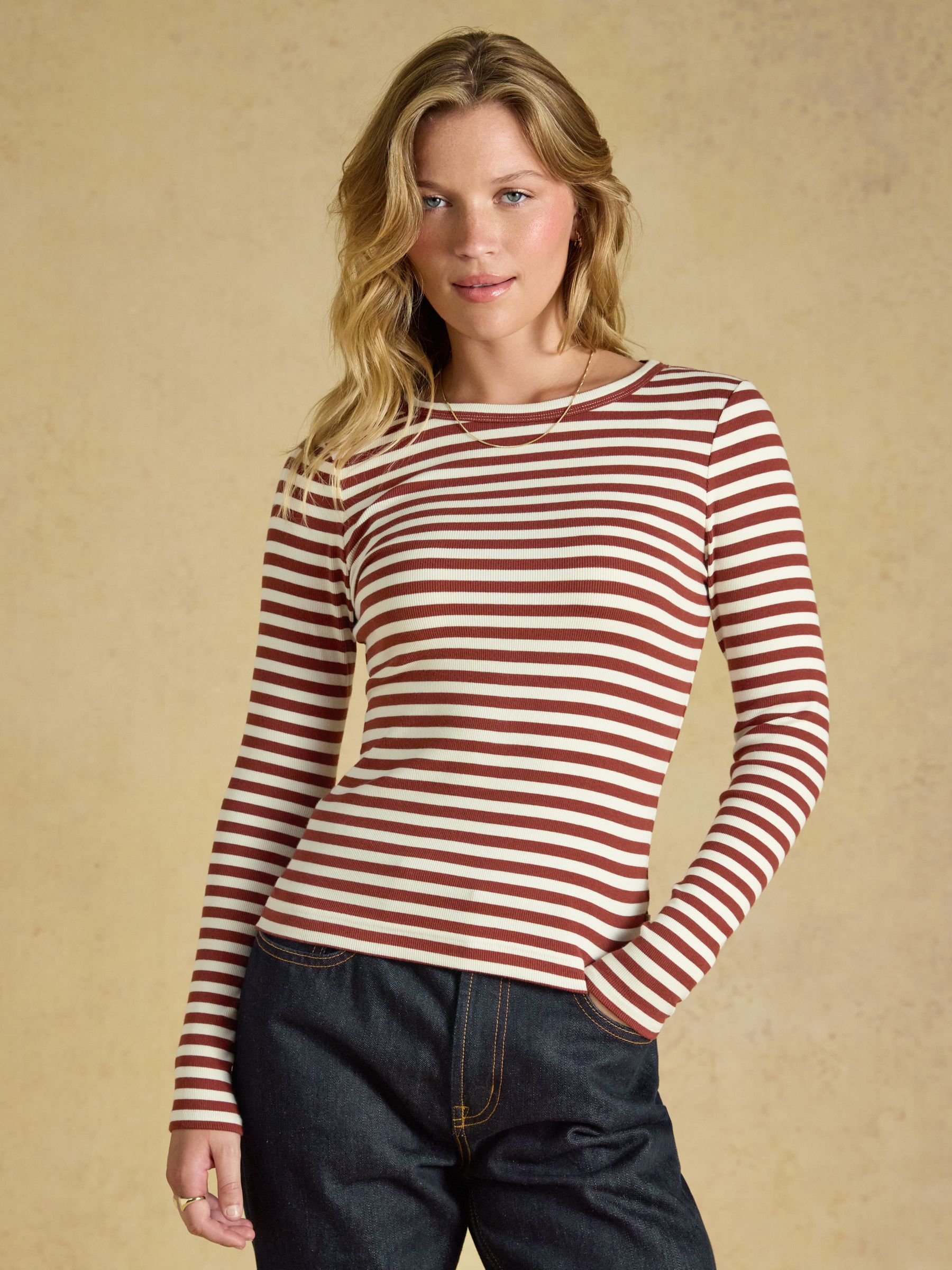 Sophie Russet Striped Long Sleeve Ribbed Fitted T-Shirt - Image 1 of 6