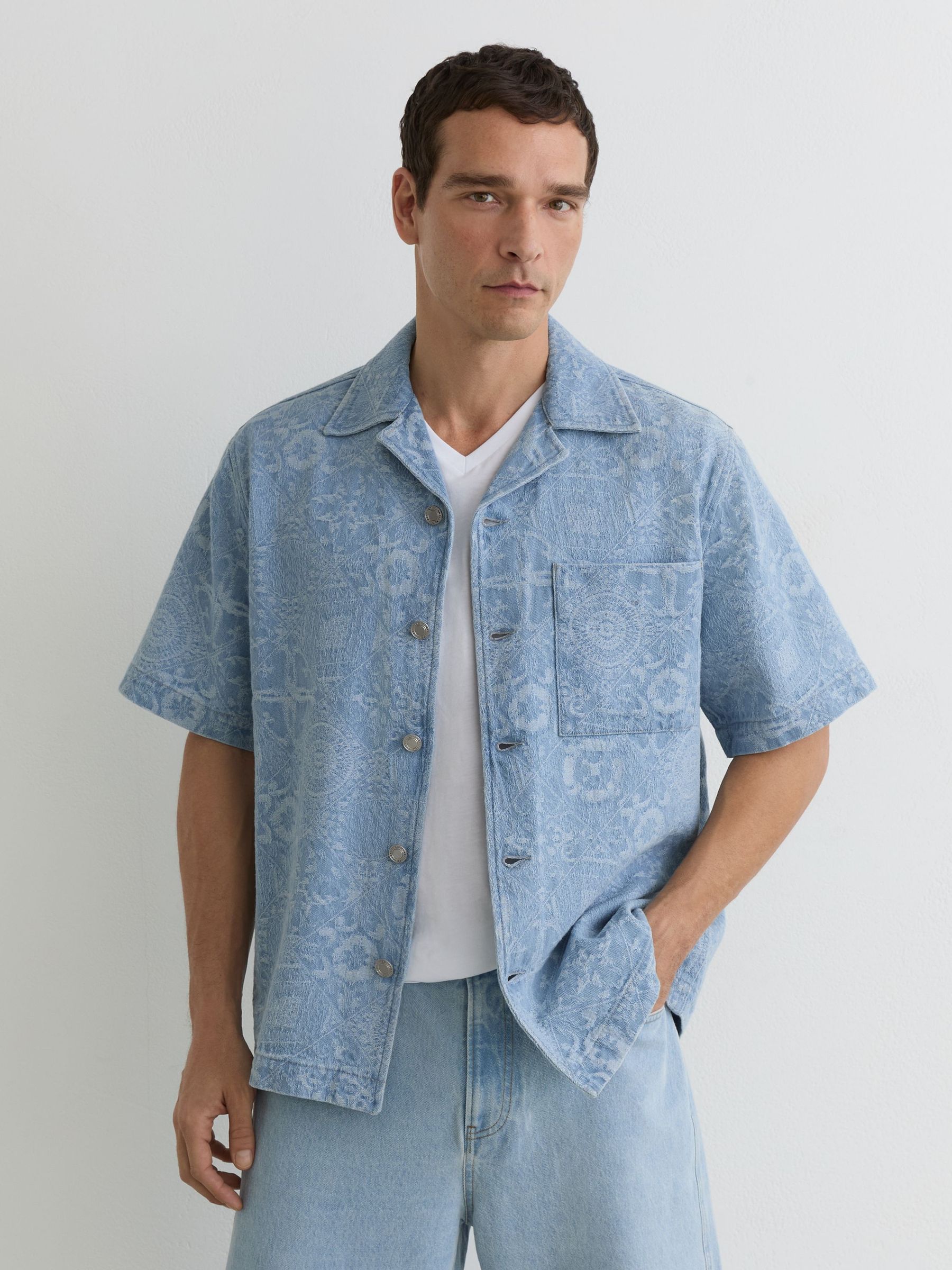 Denim Jacquard Short-Sleeve Shirt in Soft Blue - image 2