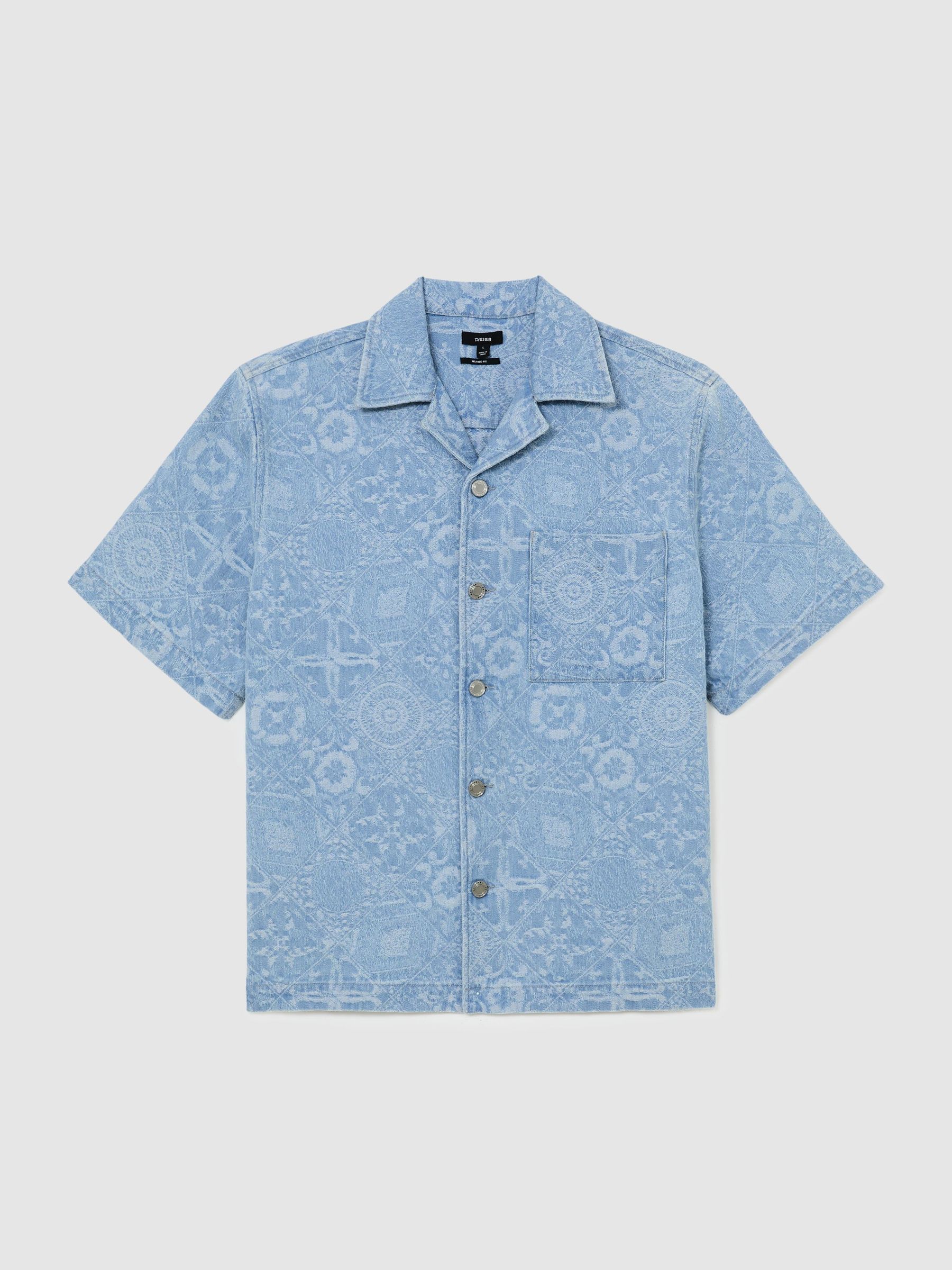 Denim Jacquard Short-Sleeve Shirt in Soft Blue - Image 2 of 7
