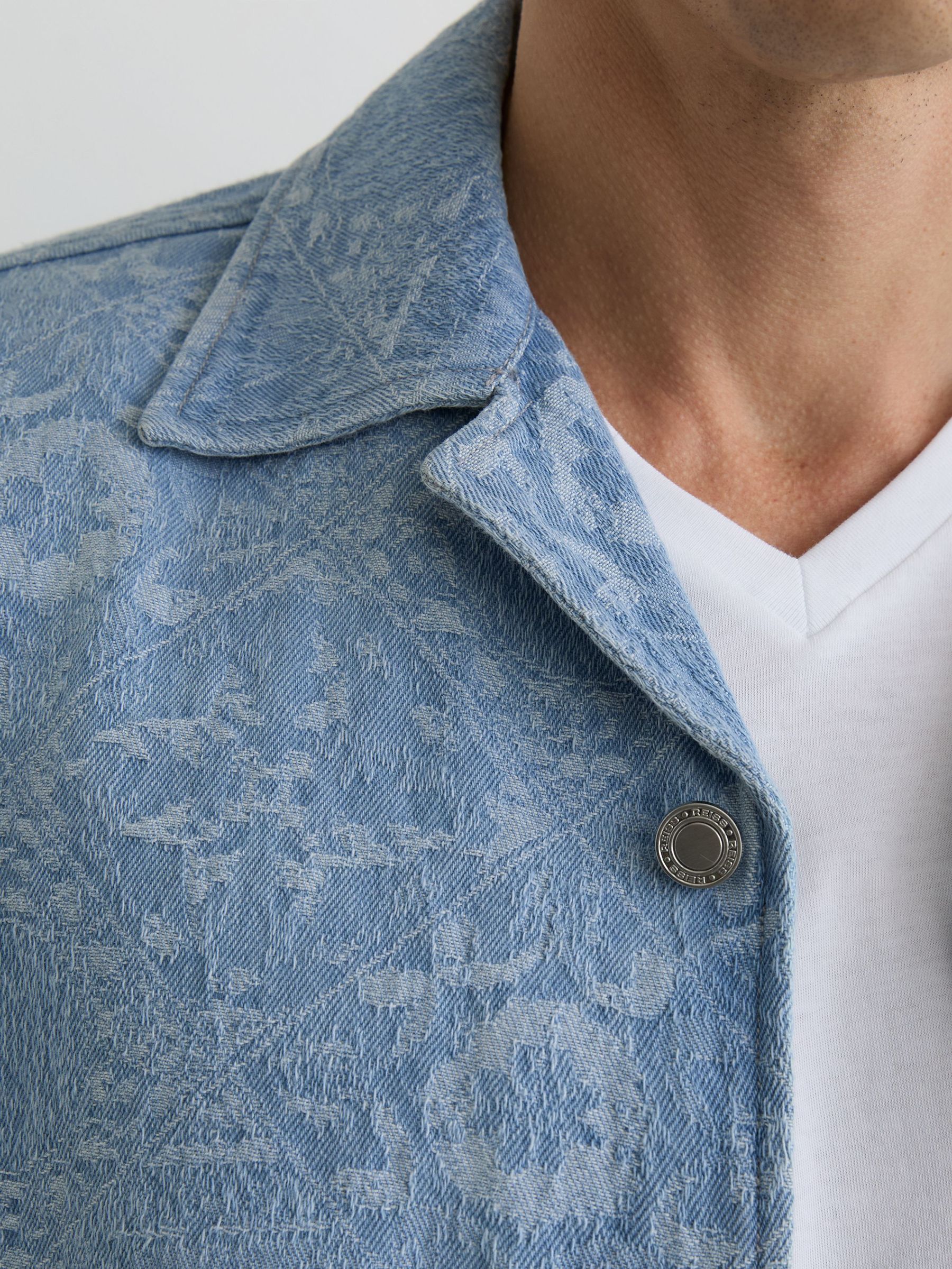 Denim Jacquard Short-Sleeve Shirt in Soft Blue - Image 3 of 7