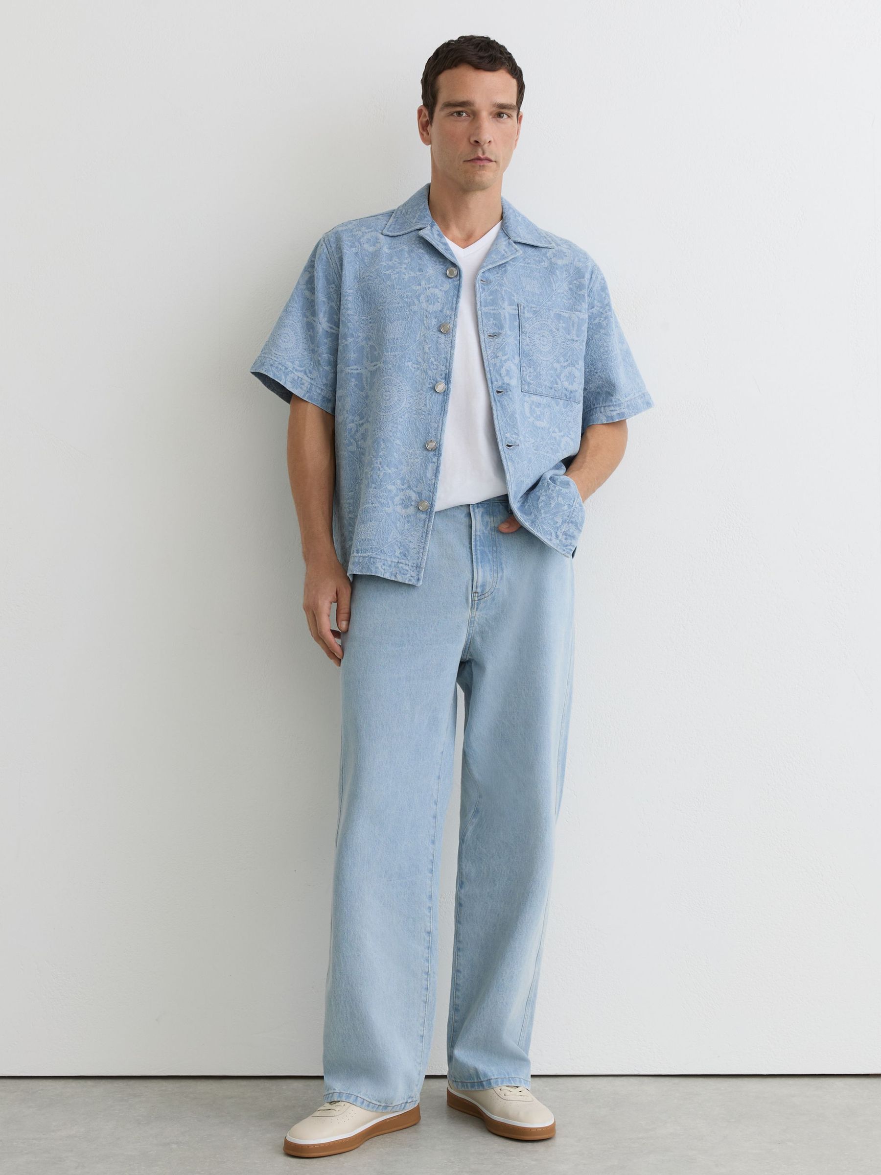 Denim Jacquard Short-Sleeve Shirt in Soft Blue - Image 4 of 7