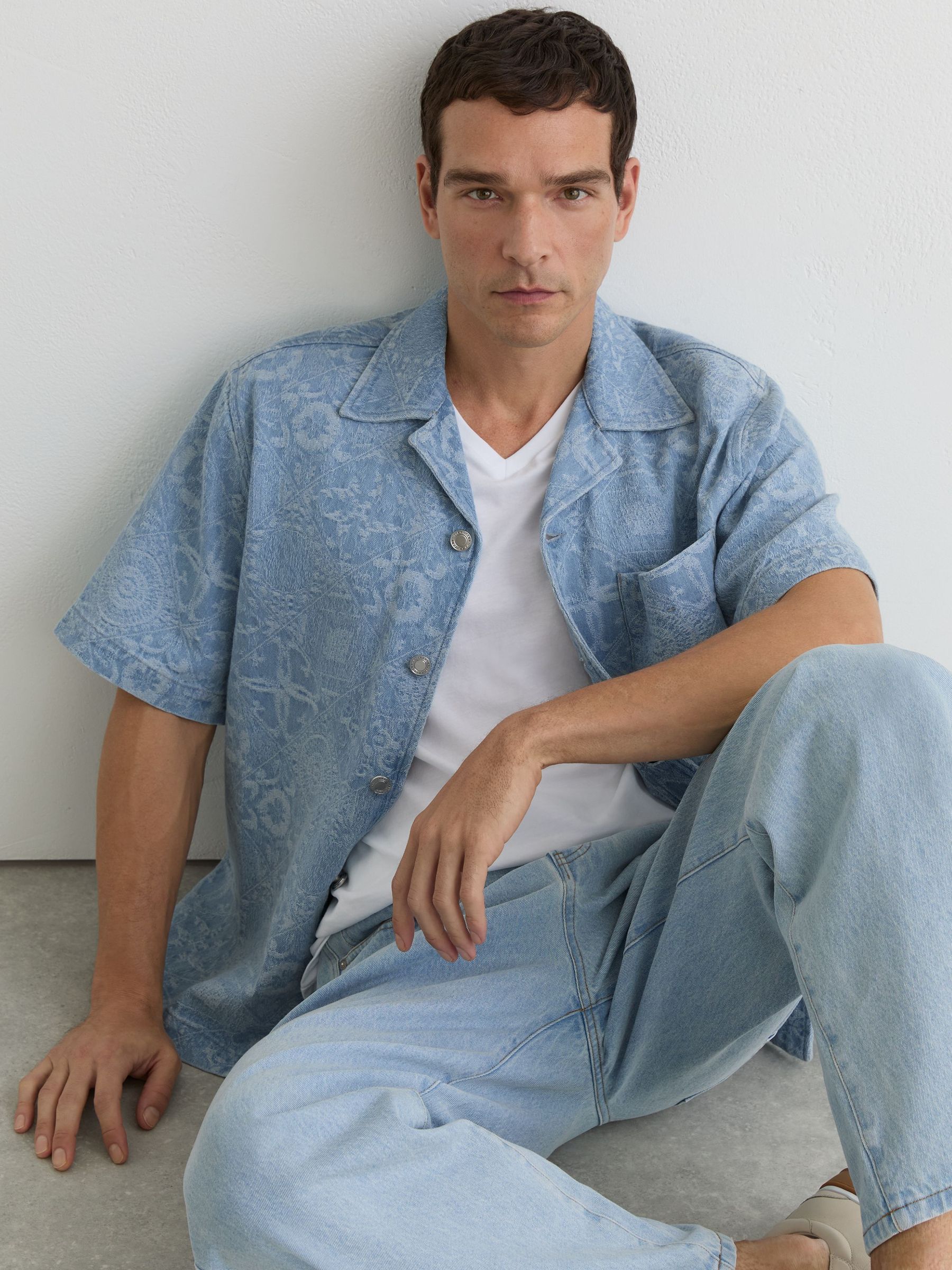 Denim Jacquard Short-Sleeve Shirt in Soft Blue - image 5
