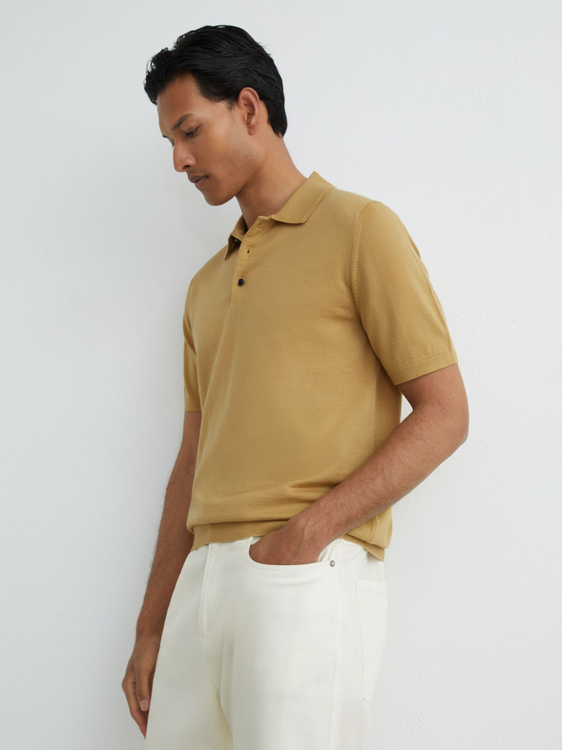 Merino Wool Short-Sleeve Polo Shirt in Yellow - Image 4 of 6