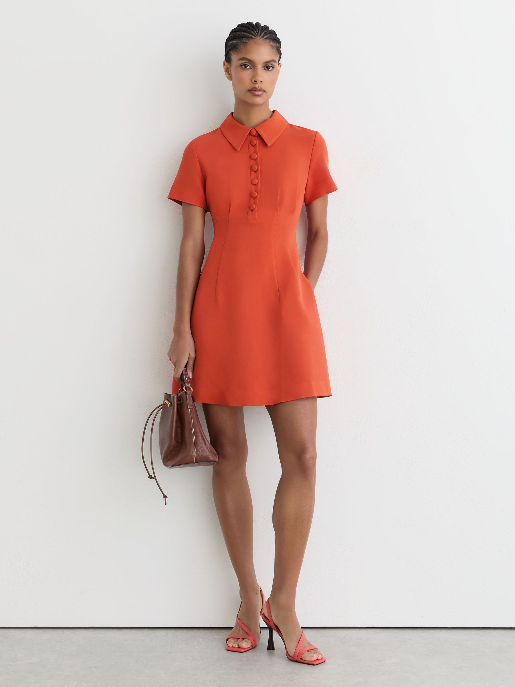 Half-Button Flippy Mini Dress in Coral Orange - Image 1 of 7