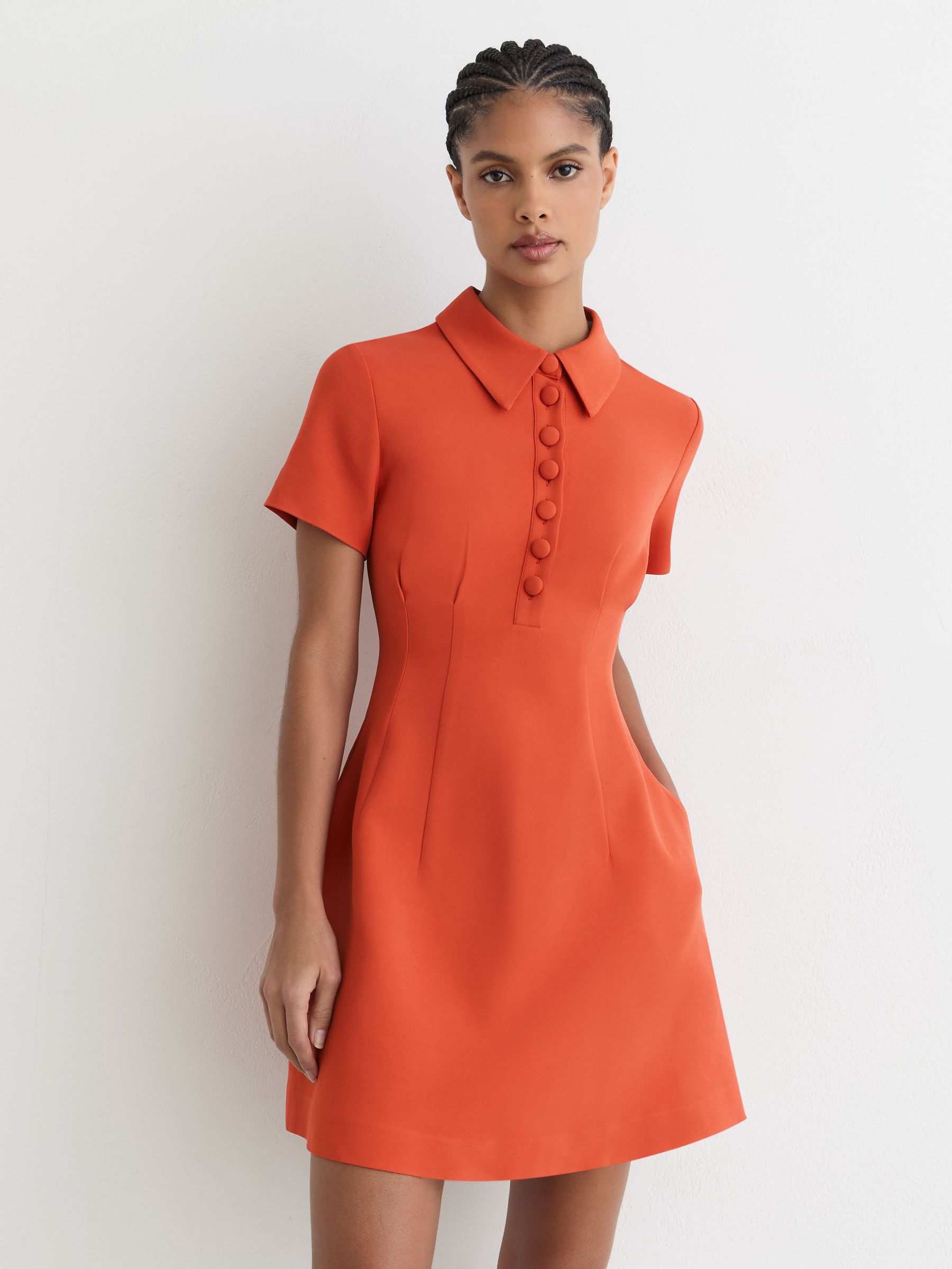 Half-Button Flippy Mini Dress in Coral Orange - Image 6 of 7