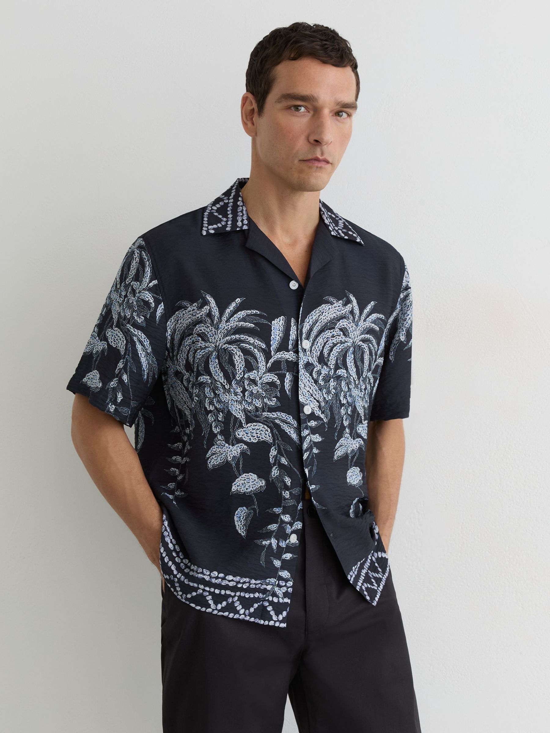 Palm-Print Cuban-Collar Shirt in Navy - Image 1 of 7