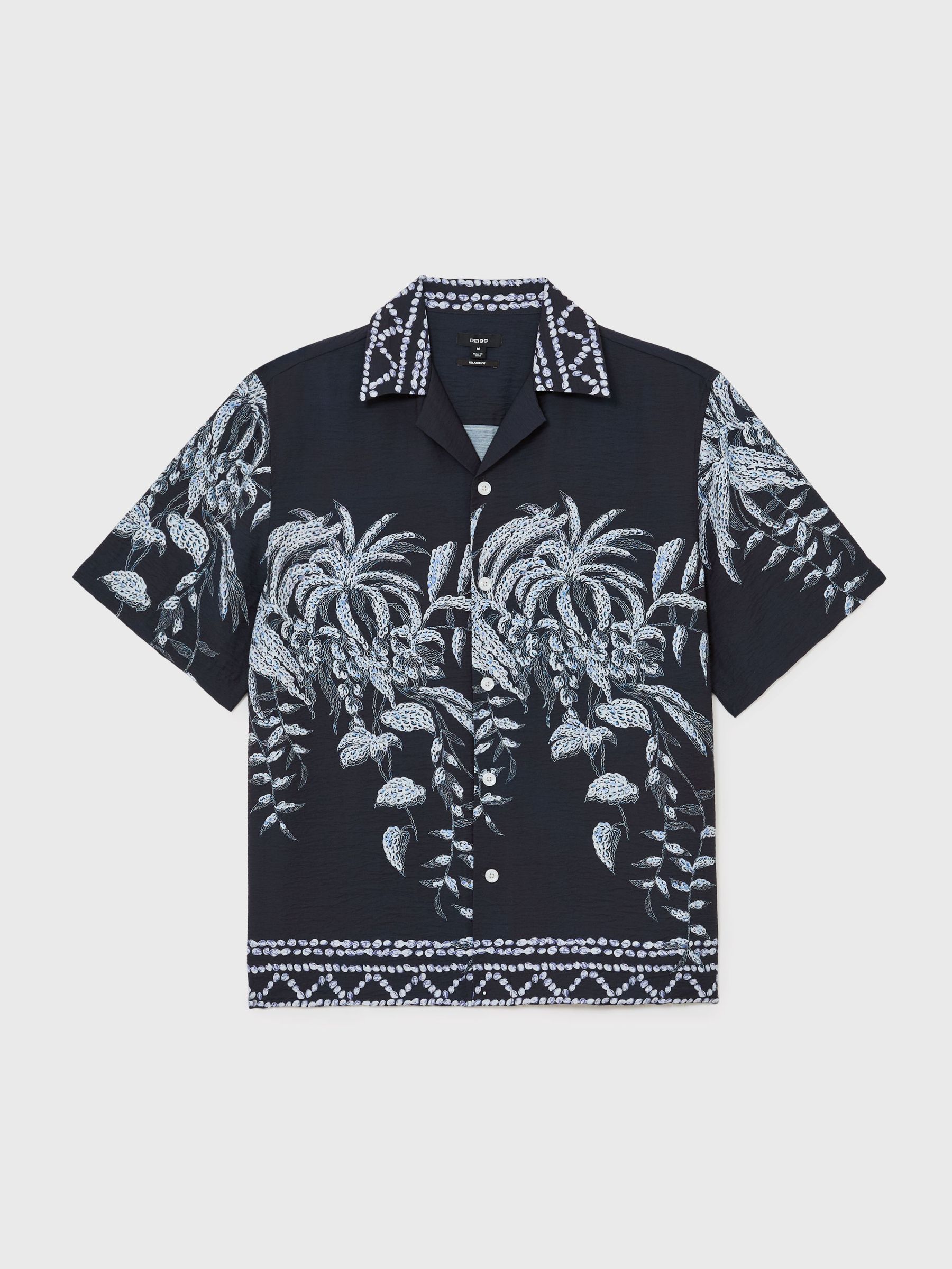 Palm-Print Cuban-Collar Shirt in Navy - Image 2 of 7