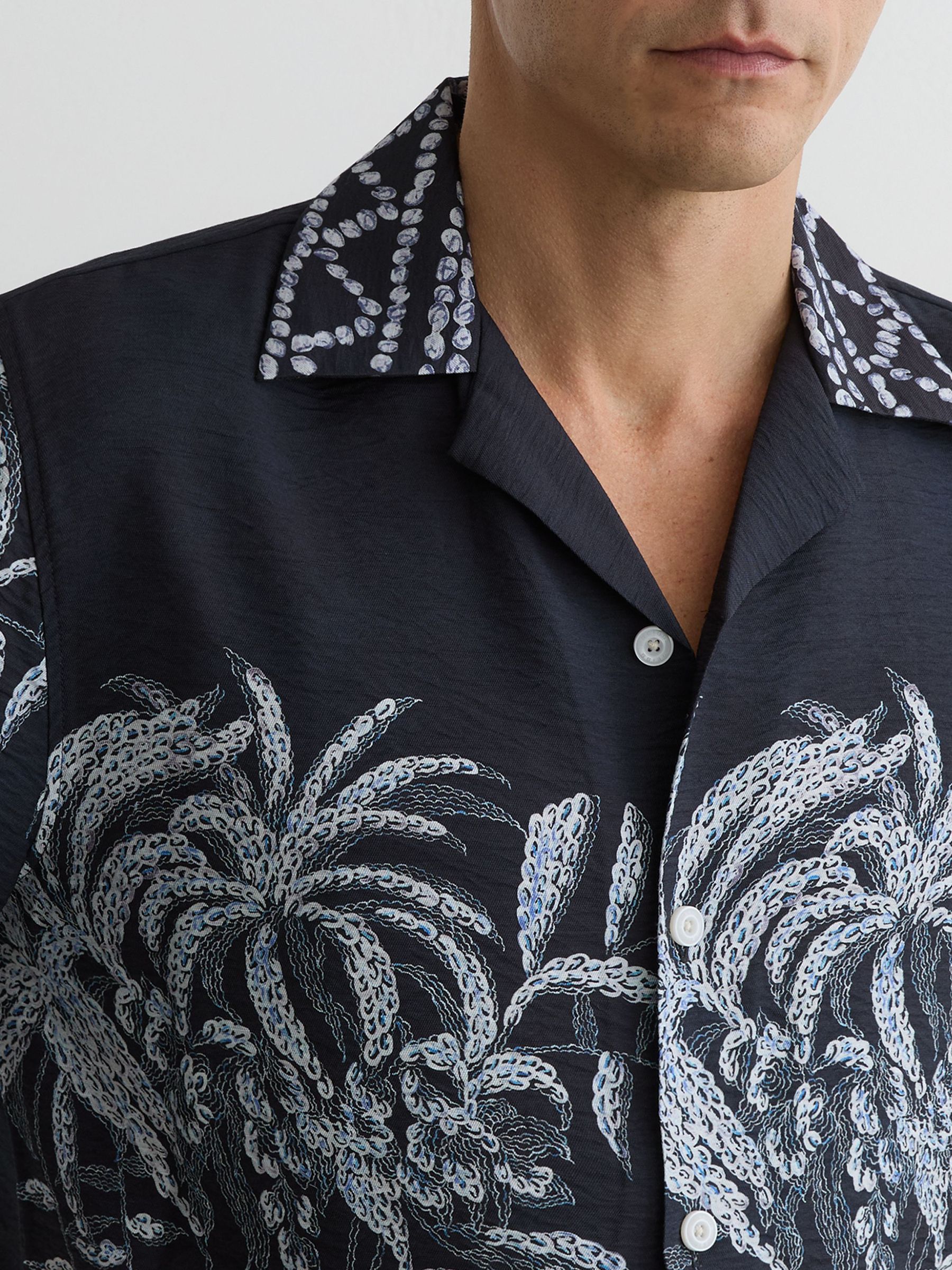 Palm-Print Cuban-Collar Shirt in Navy - Image 4 of 7