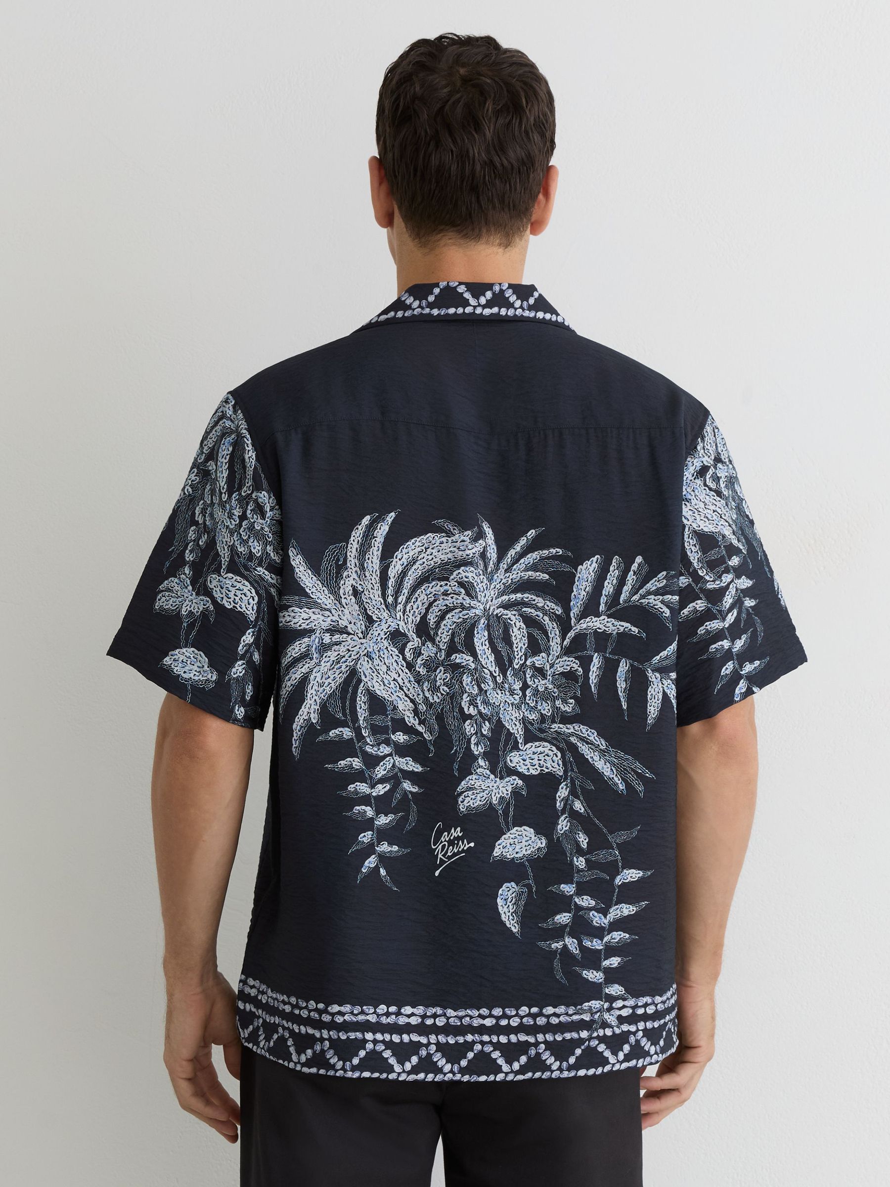 Palm-Print Cuban-Collar Shirt in Navy - Image 5 of 7