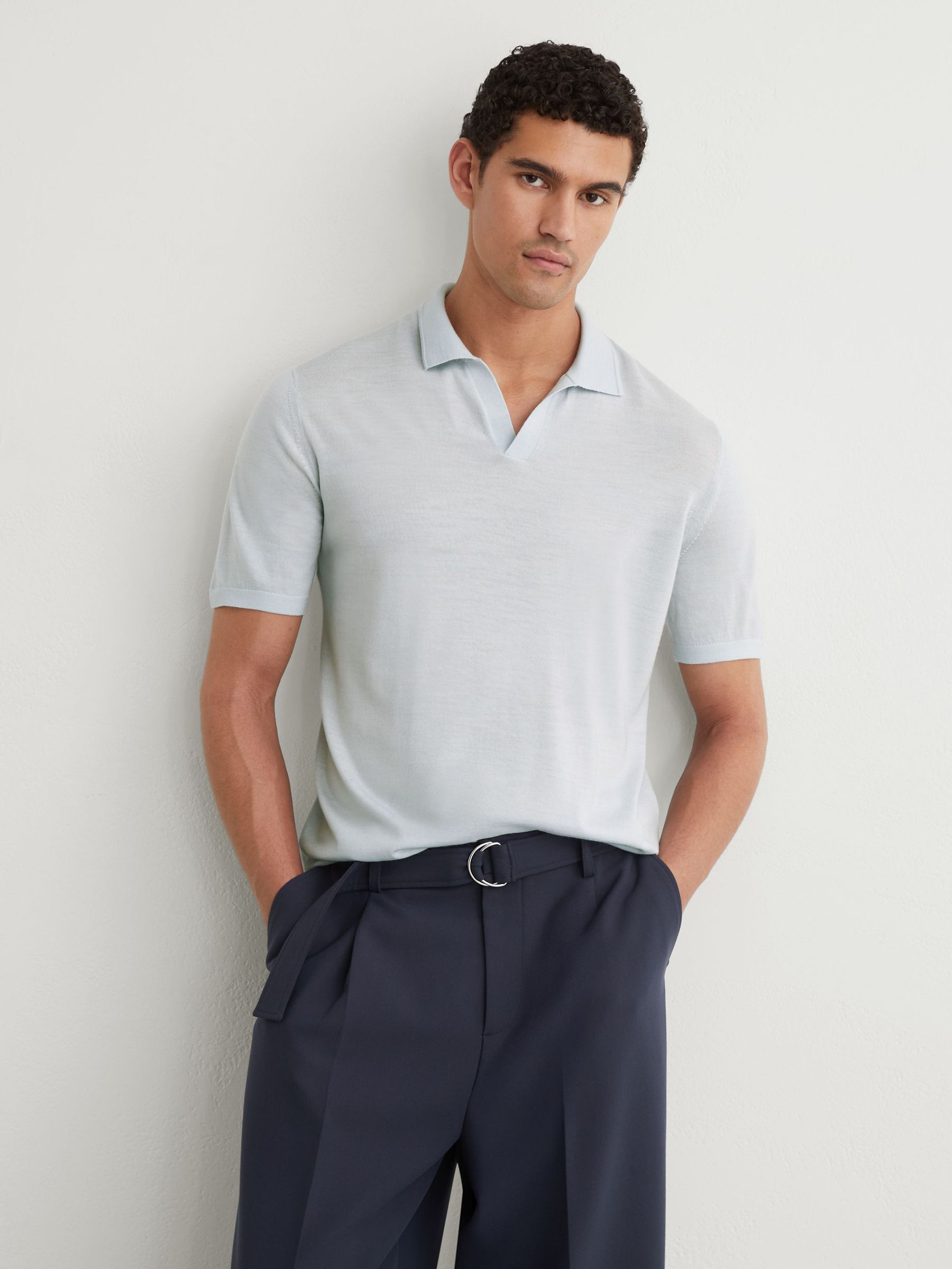 Merino Wool Open Collar Polo Shirt in Aquatic Blue - Image 1 of 6