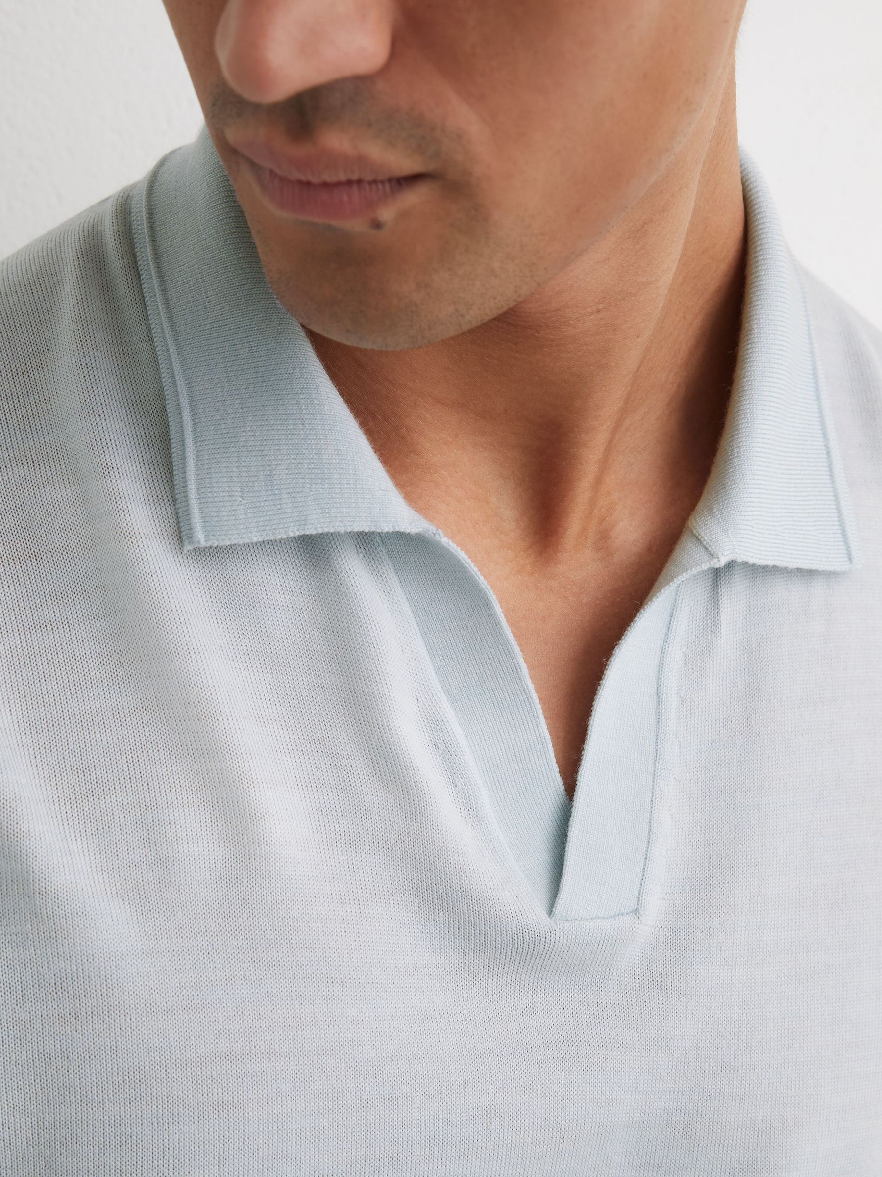 Merino Wool Open Collar Polo Shirt in Aquatic Blue - Image 3 of 6