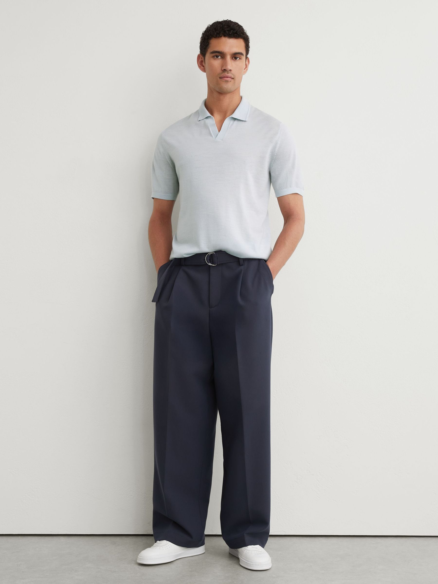 Merino Wool Open Collar Polo Shirt in Aquatic Blue - Image 4 of 6