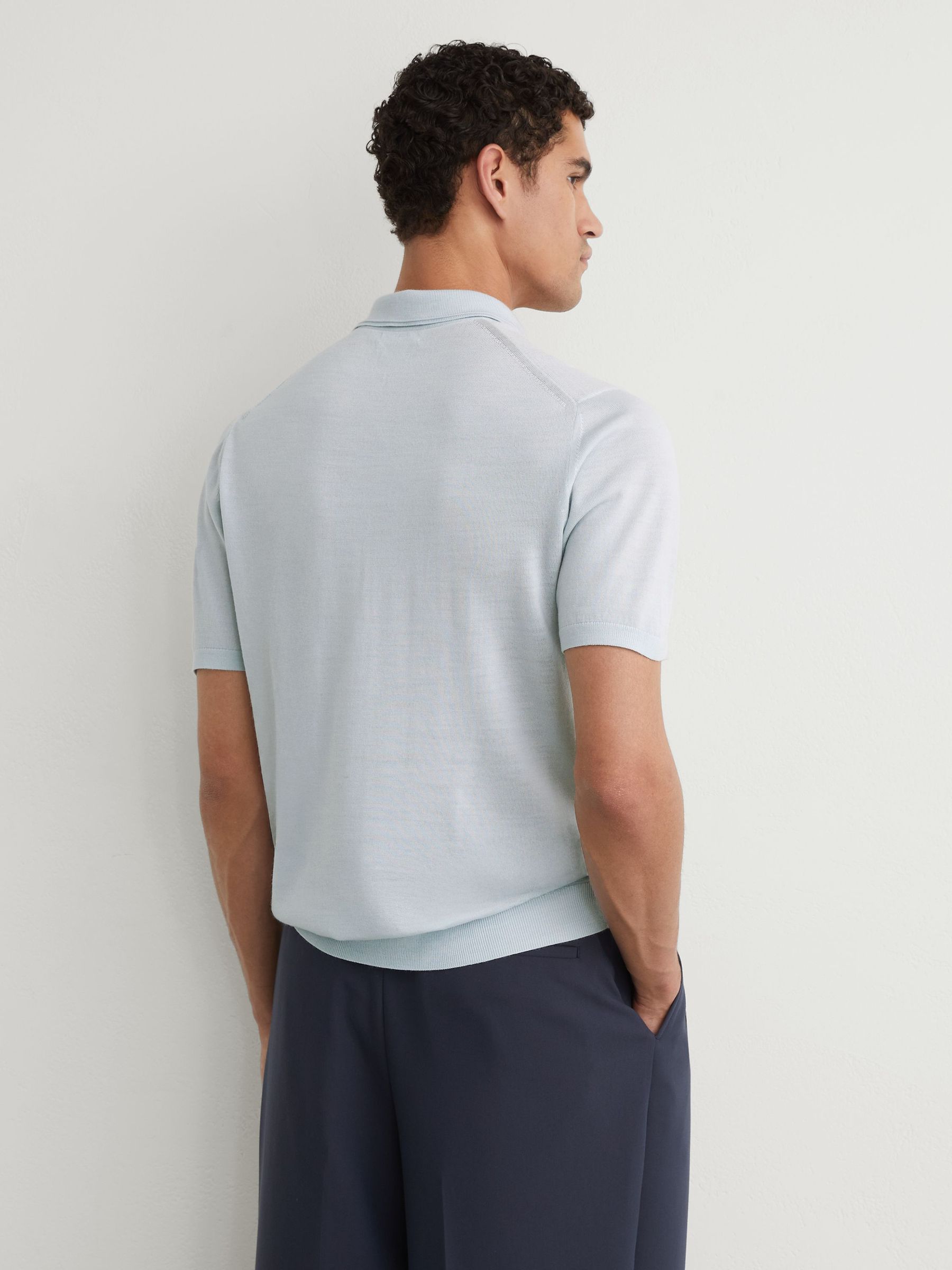 Merino Wool Open Collar Polo Shirt in Aquatic Blue - Image 5 of 6