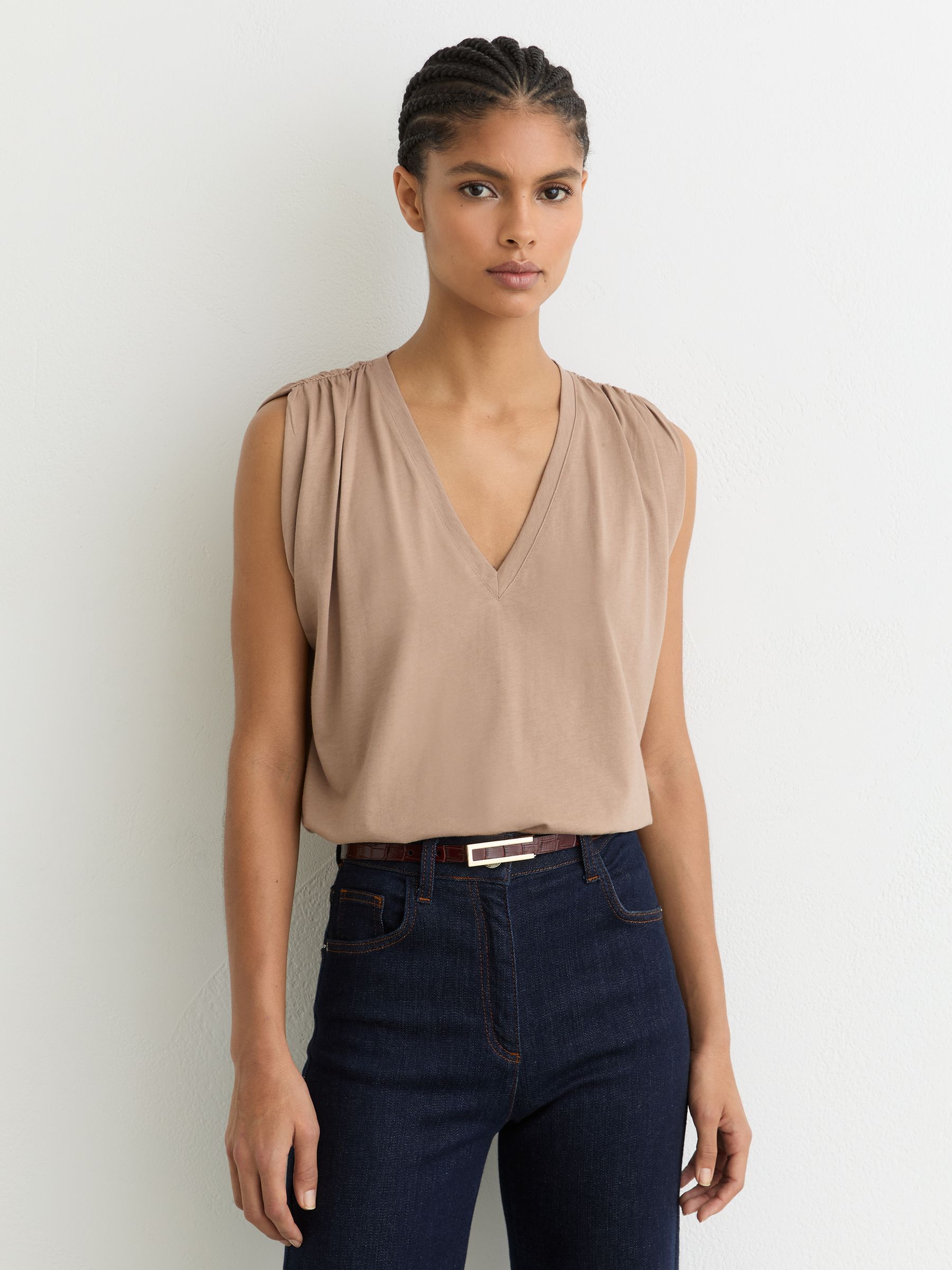 Cotton Gathered-Detail V-Neck Vest in Taupe Neutral - image 2