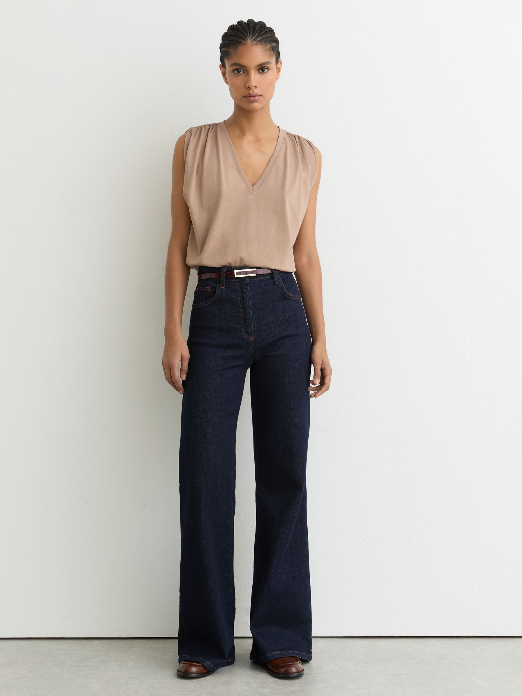 Cotton Gathered-Detail V-Neck Vest in Taupe Neutral - Image 3 of 6