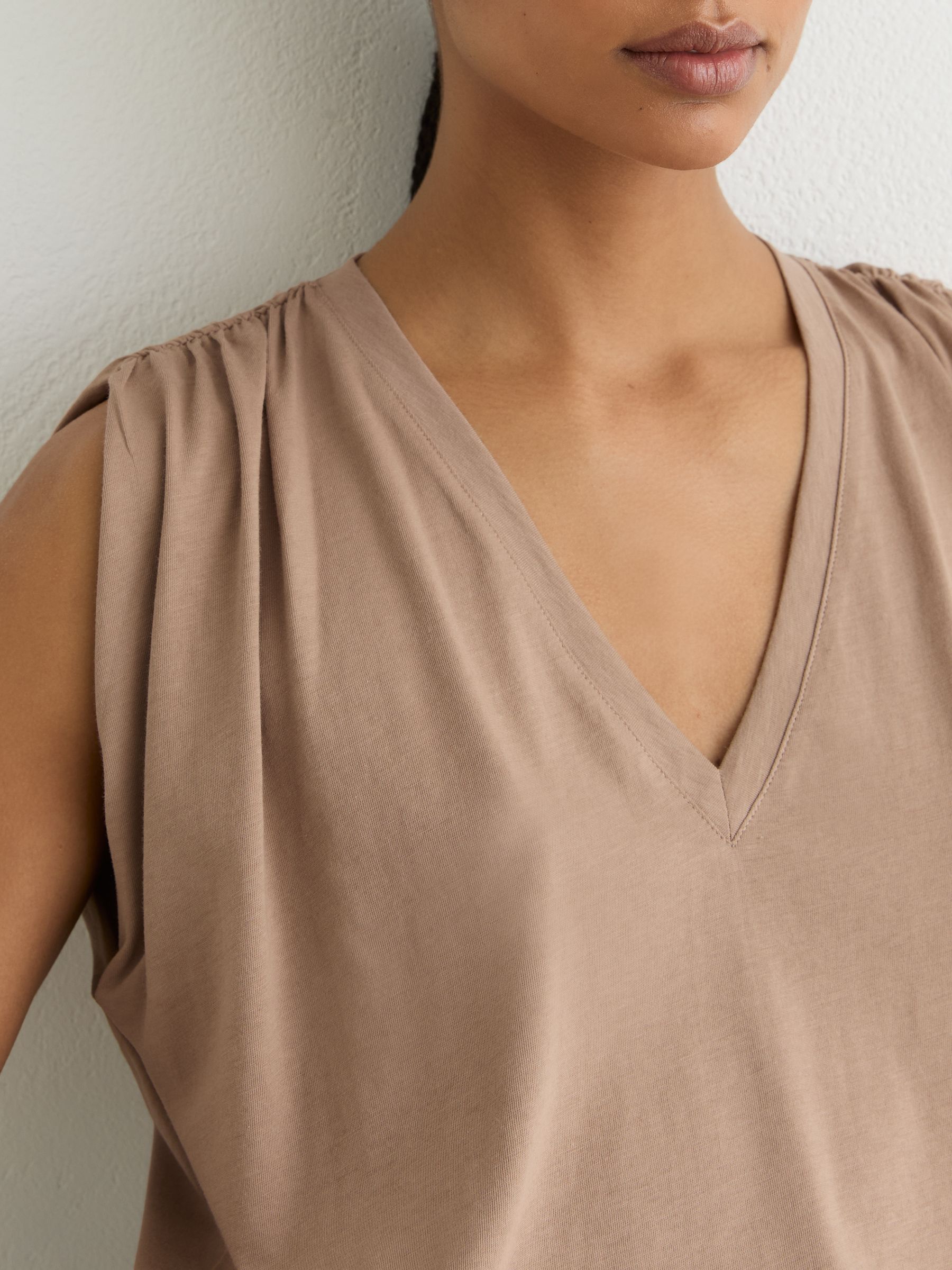 Cotton Gathered-Detail V-Neck Vest in Taupe Neutral - Image 4 of 6