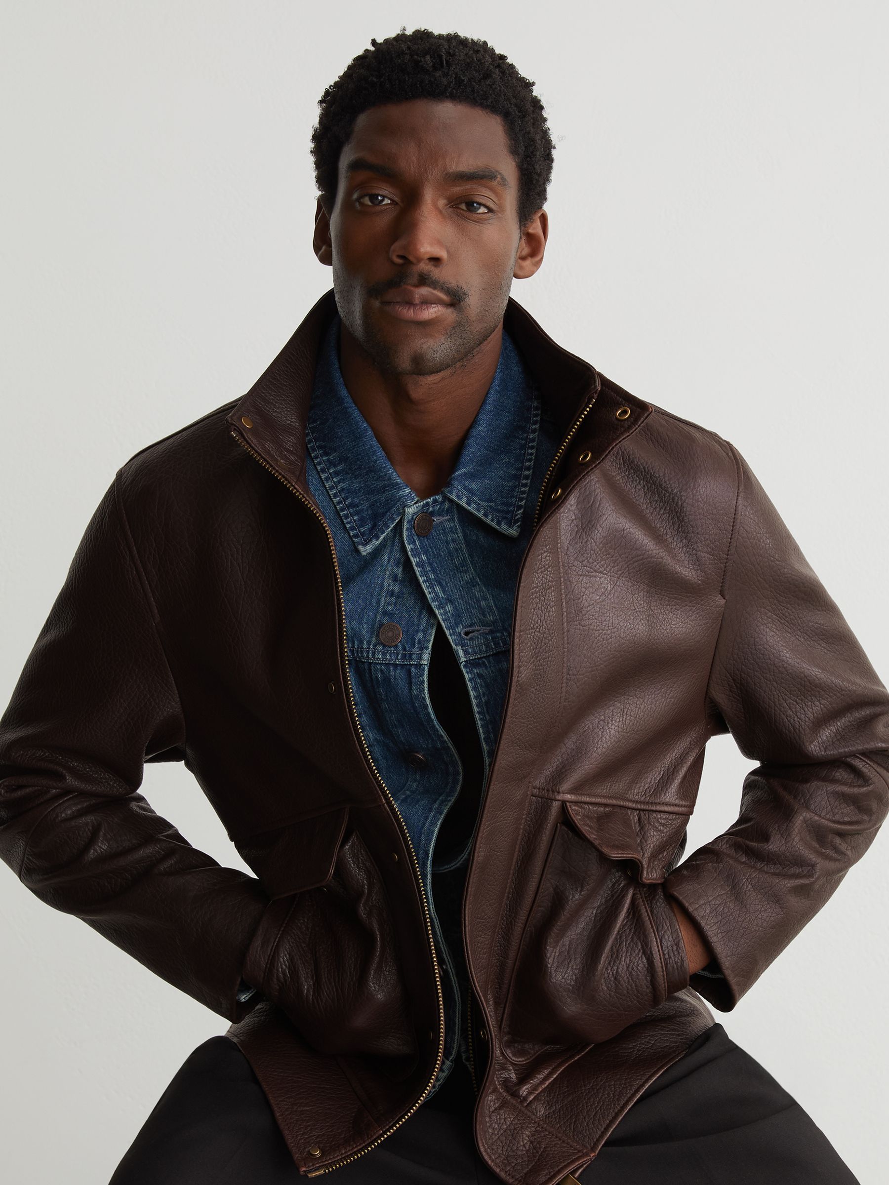 Grained-Leather Zip-Through Jacket in Burgundy - Image 1 of 10