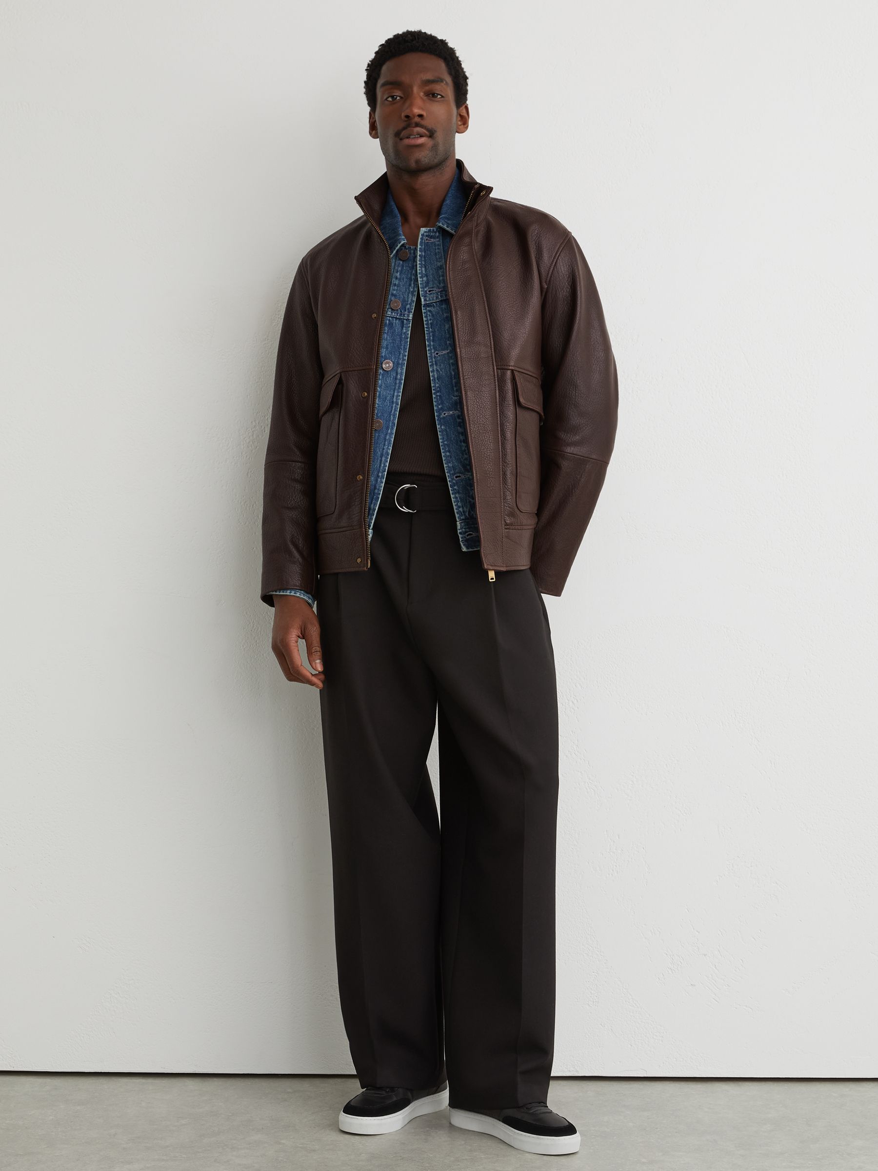 Grained-Leather Zip-Through Jacket in Burgundy - Image 3 of 10