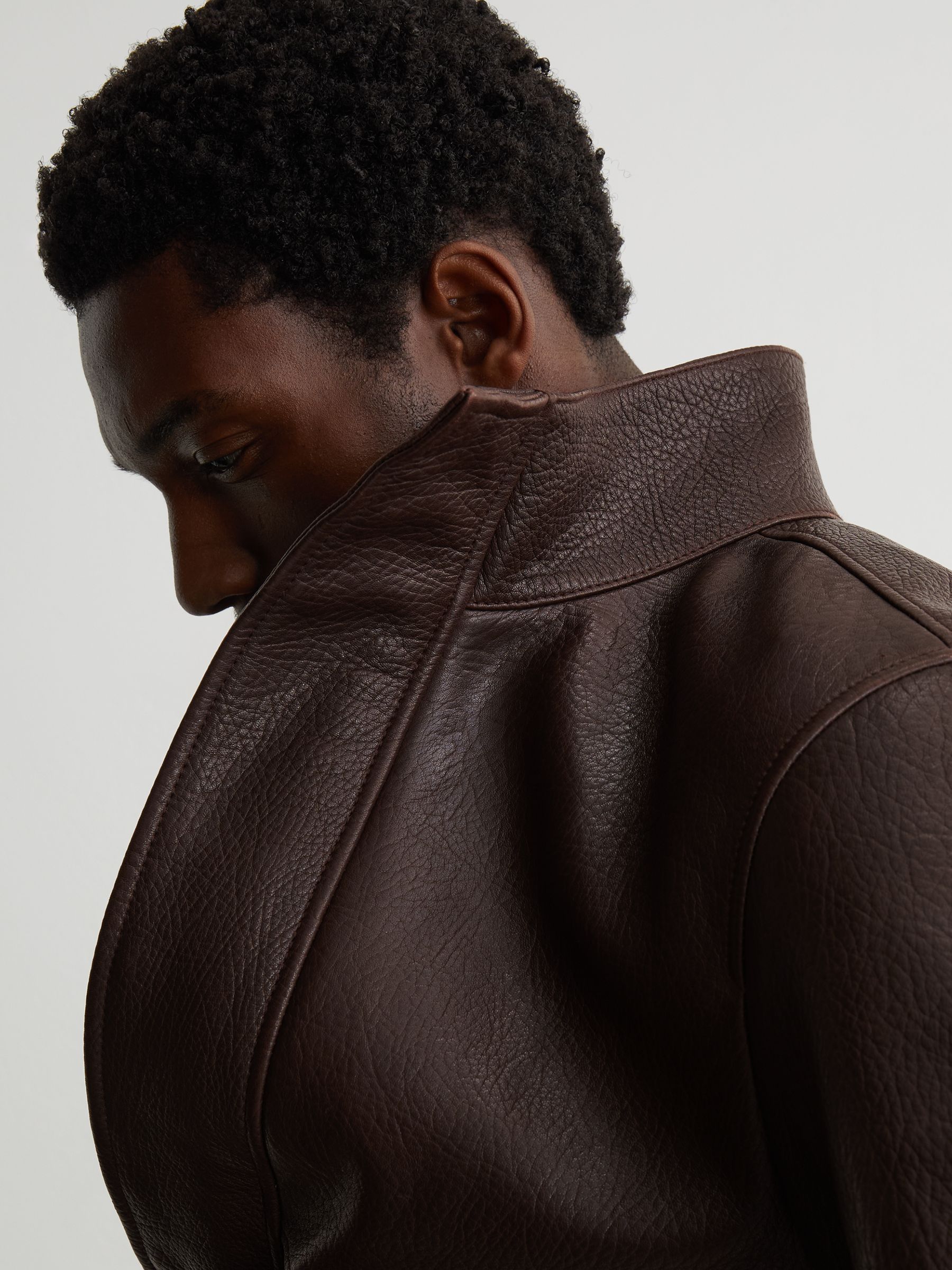 Grained-Leather Zip-Through Jacket in Burgundy - Image 4 of 10