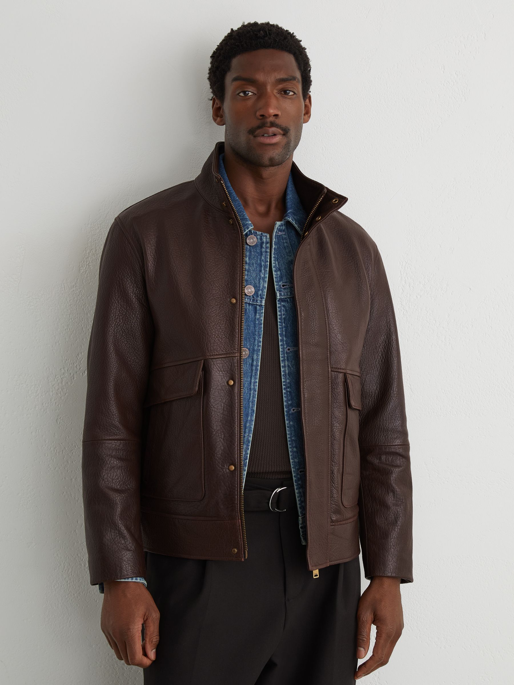 Reiss Grained-Leather Zip-Through Jacket in Burgundy - REISS