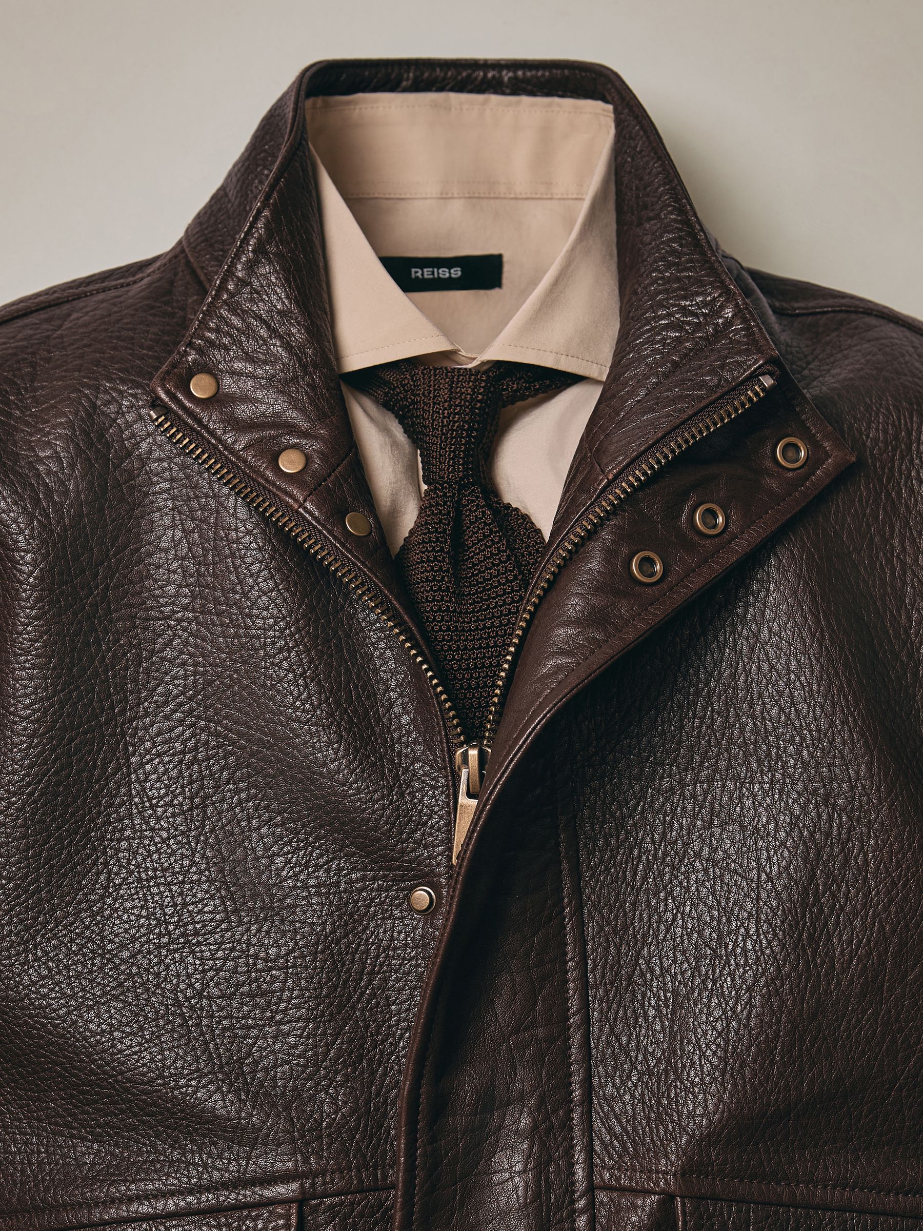 Grained-Leather Zip-Through Jacket in Burgundy - Image 8 of 10