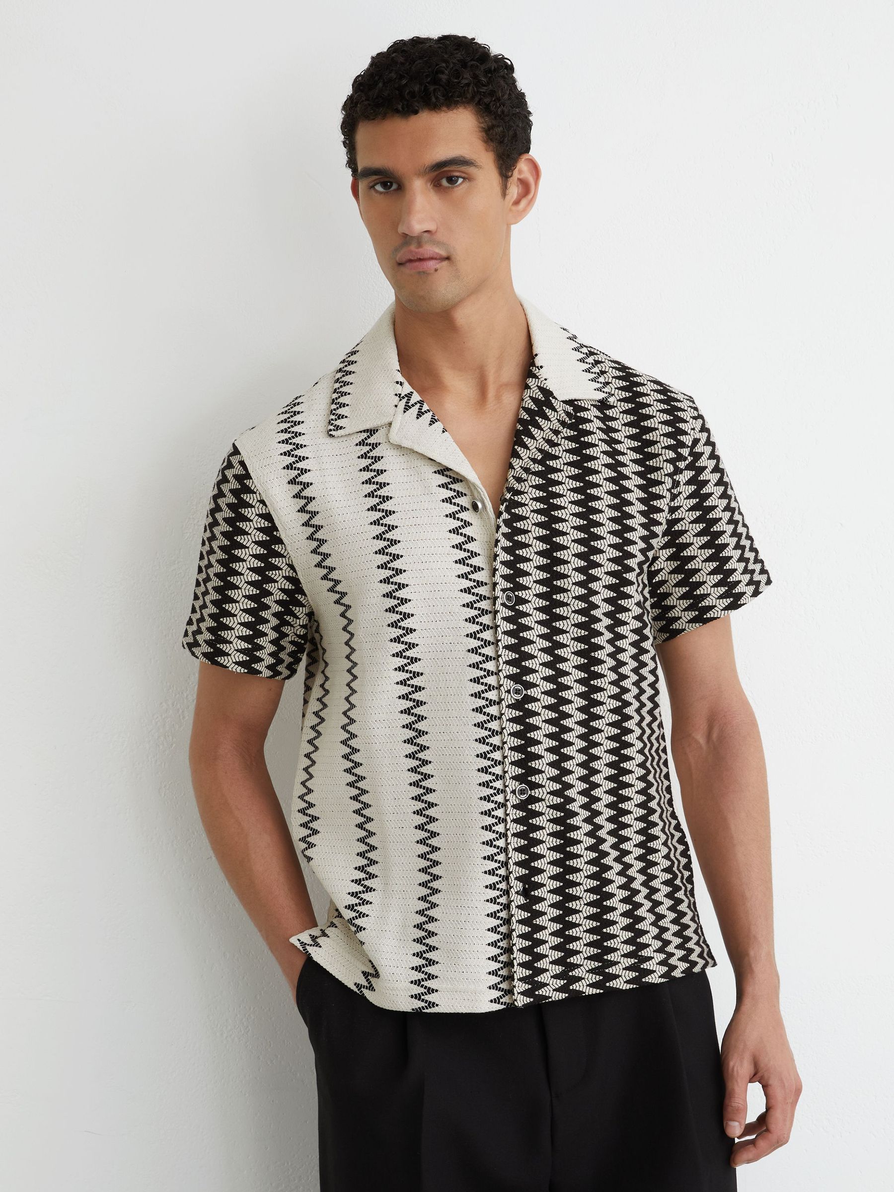Zig-Zag Crochet Cuban Collar Shirt in White/Black - image 2