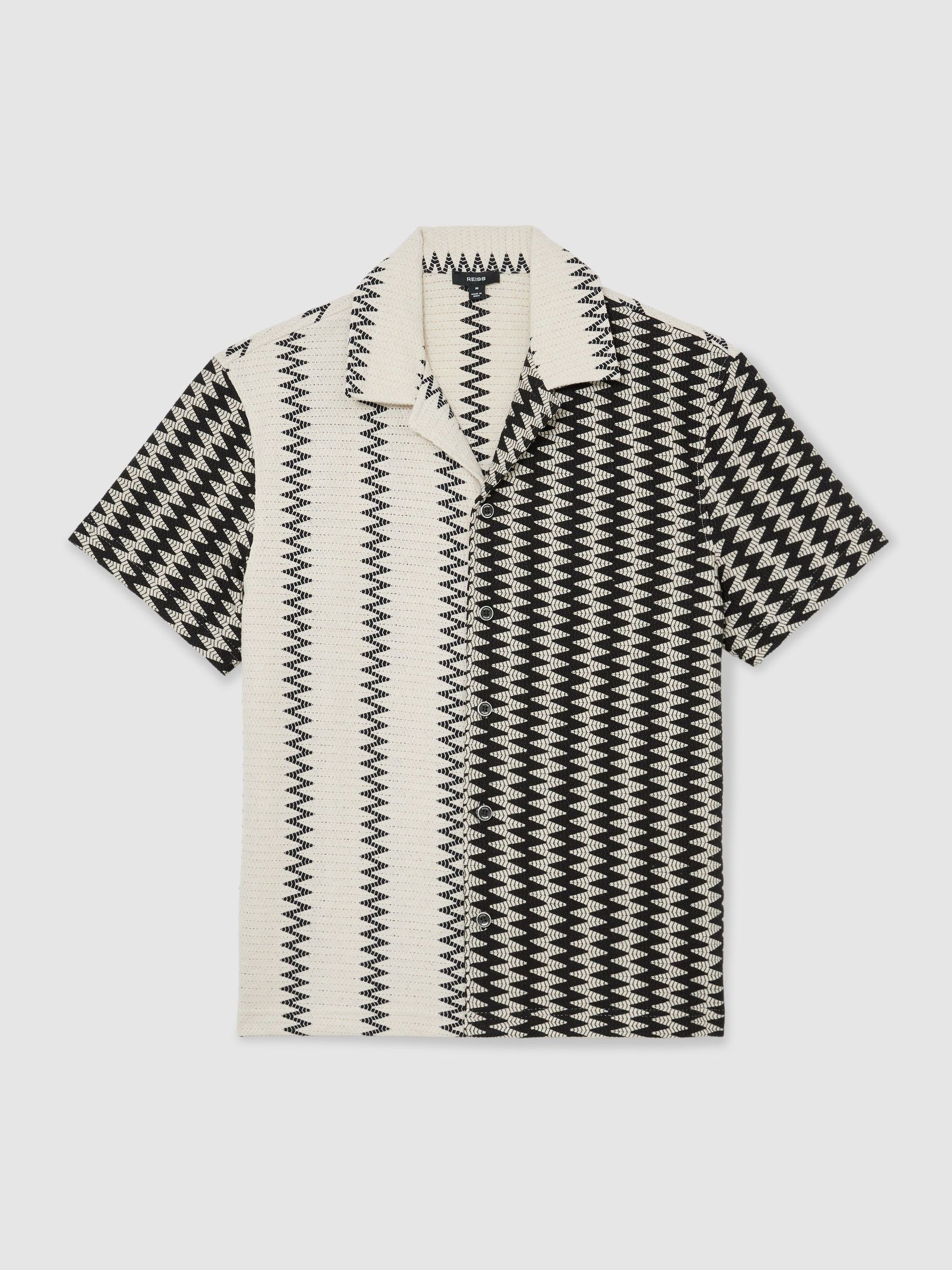 Zig-Zag Crochet Cuban Collar Shirt in White/Black - Image 2 of 7