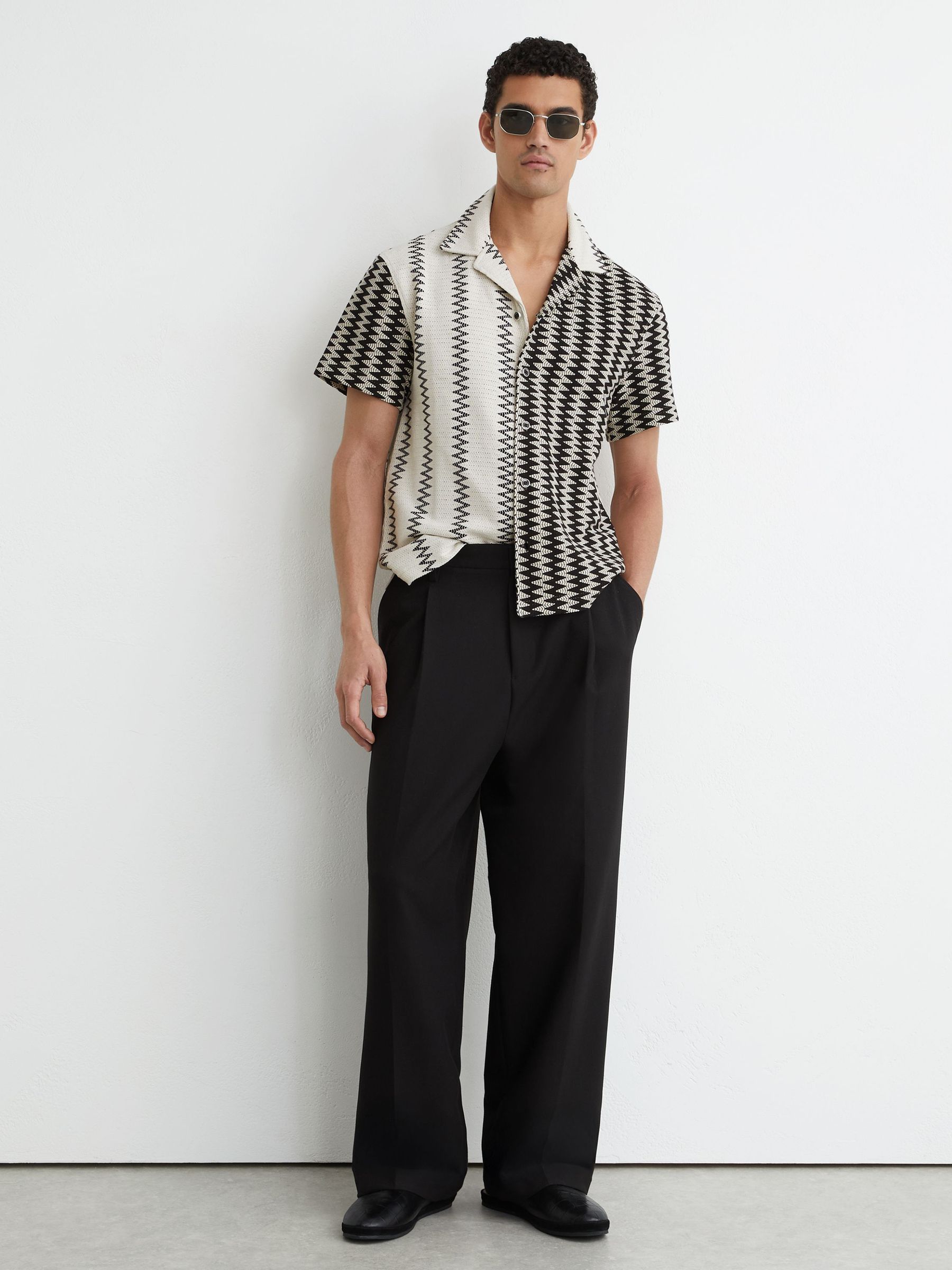 Zig-Zag Crochet Cuban Collar Shirt in White/Black - Image 3 of 7
