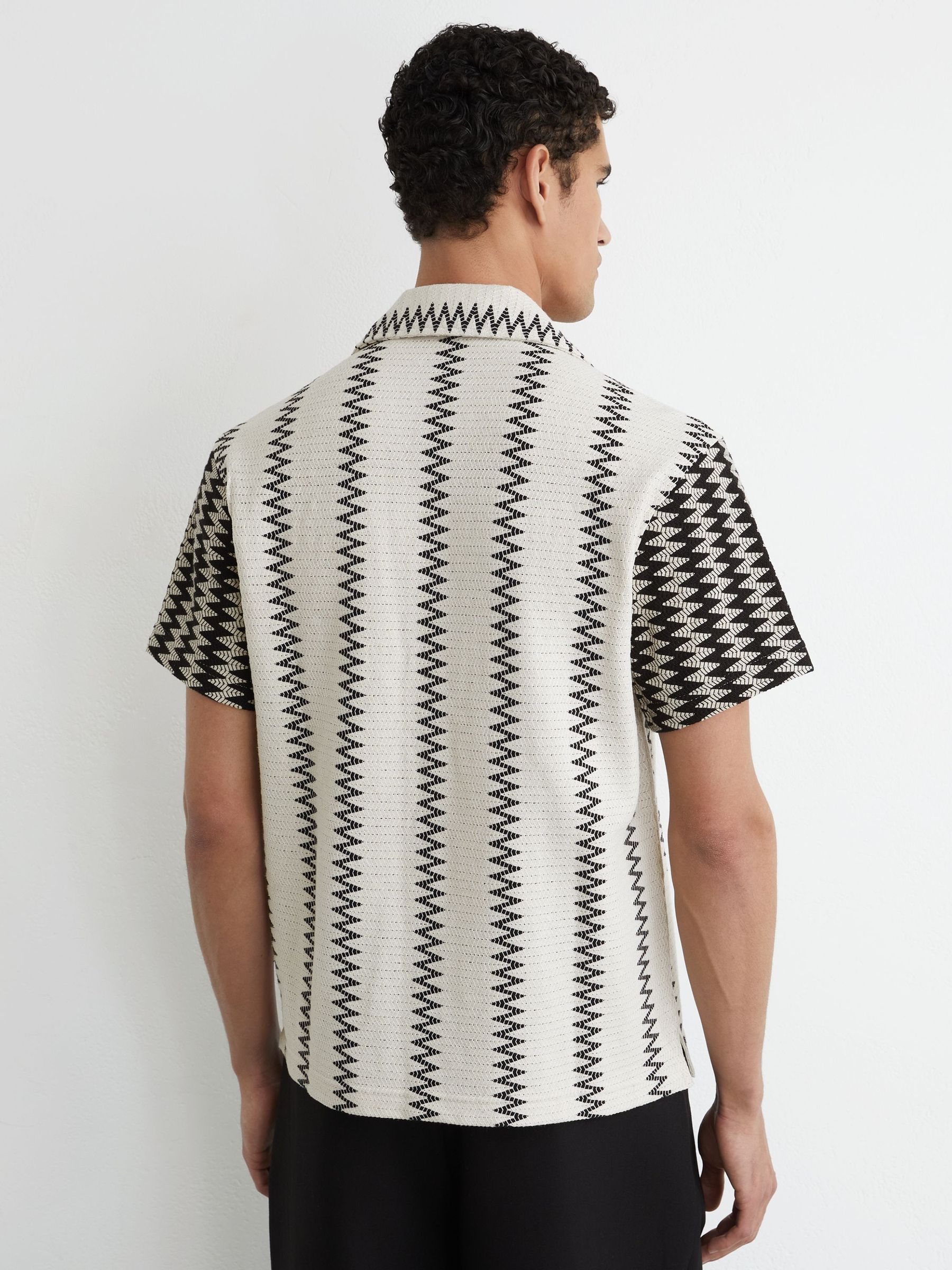 Zig-Zag Crochet Cuban Collar Shirt in White/Black - Image 6 of 7