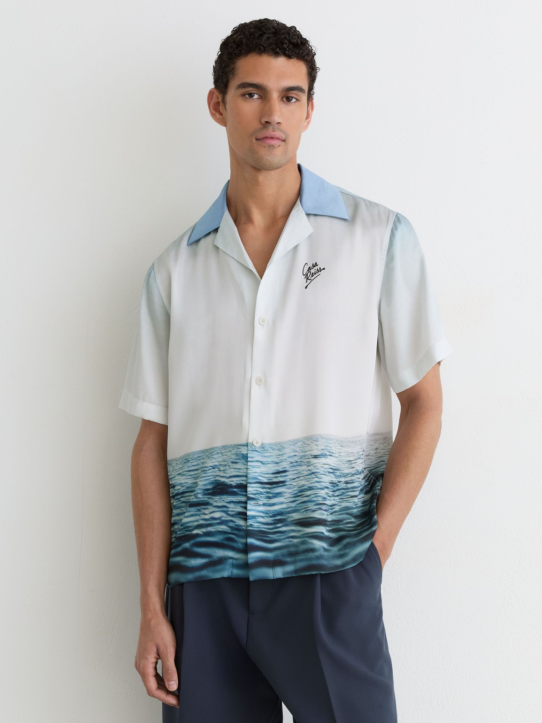 Dive-Print Cuban-Collar Shirt in Soft Blue - Image 1 of 6