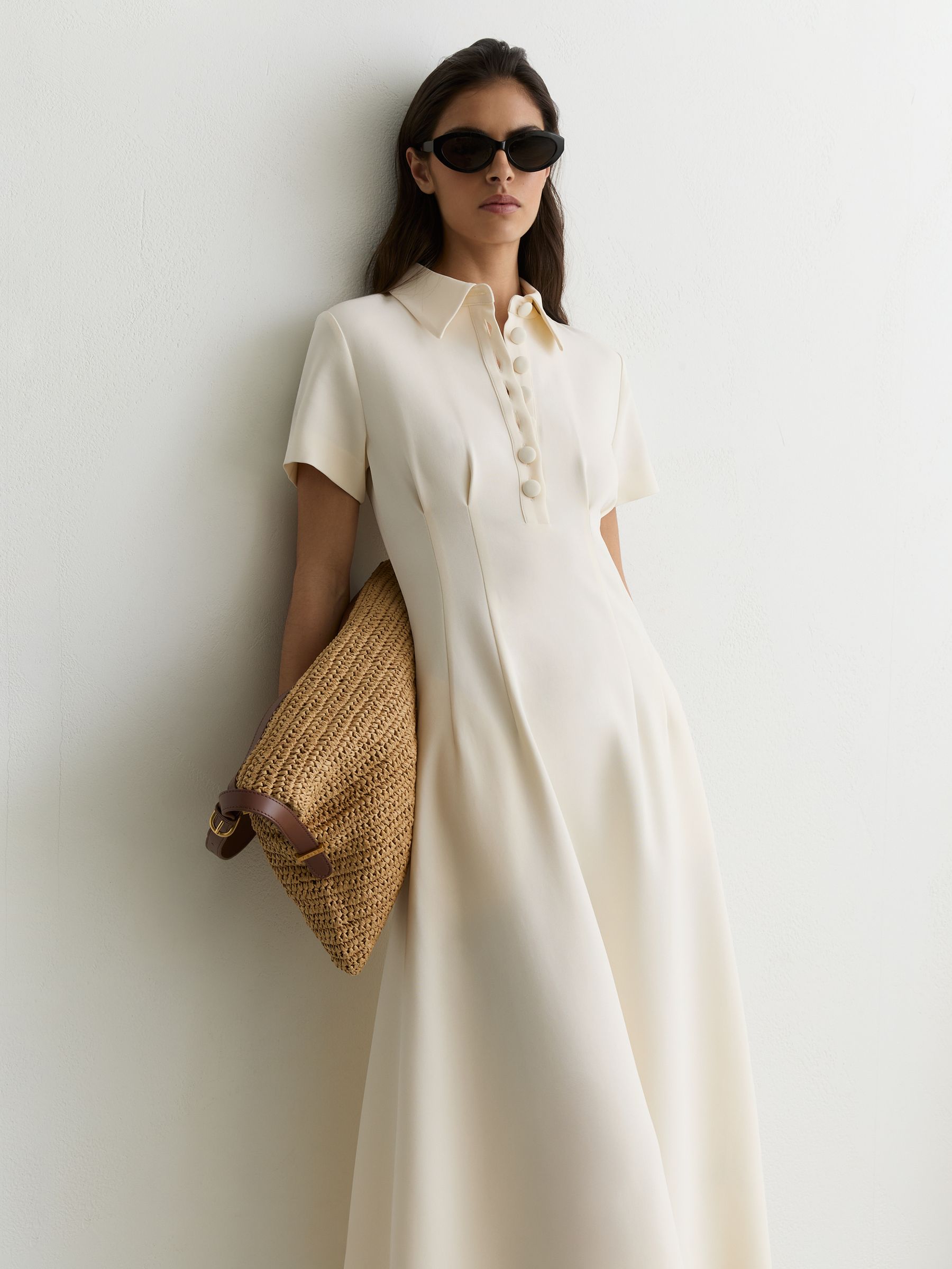 Button-Neck Short-Sleeve Midi Dress in Cream - Image 1 of 7 Button-Neck Short-Sleeve Midi Dress in Cream - Image 1 of 7