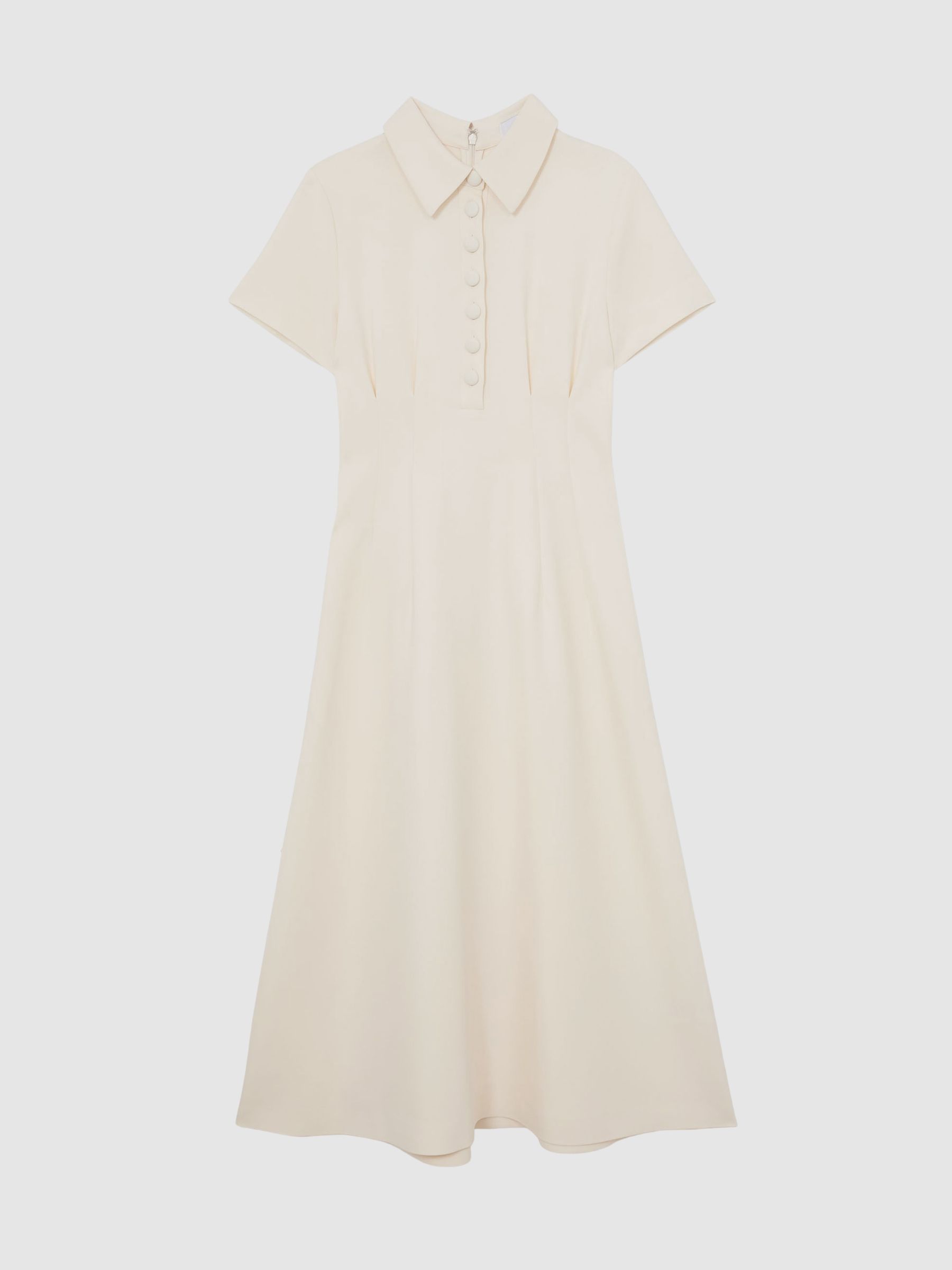 Button-Neck Short-Sleeve Midi Dress in Cream - Image 2 of 7 Button-Neck Short-Sleeve Midi Dress in Cream - Image 2 of 7