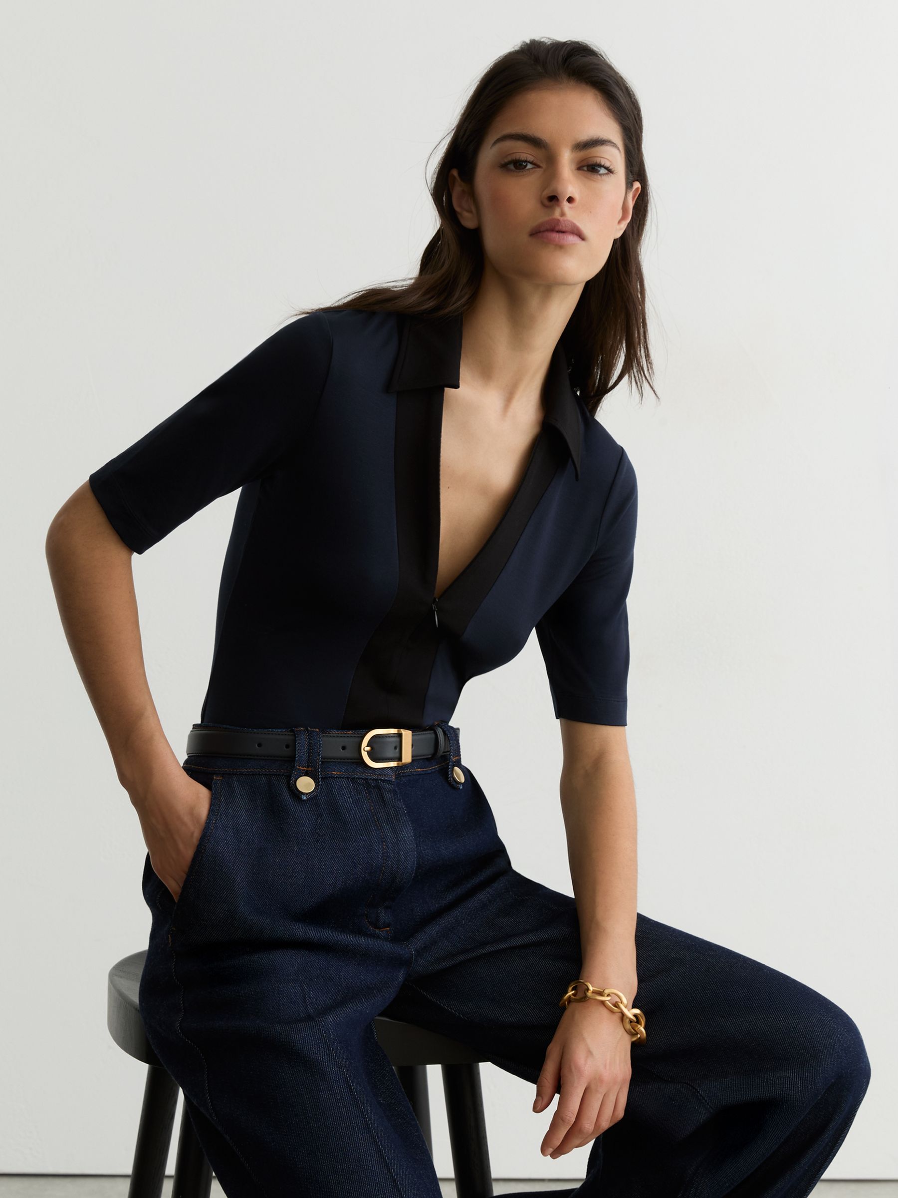 Jersey Colour-Block Half-Zip Polo Top in Navy/Black - Image 1 of 6 Jersey Colour-Block Half-Zip Polo Top in Navy/Black - Image 1 of 6